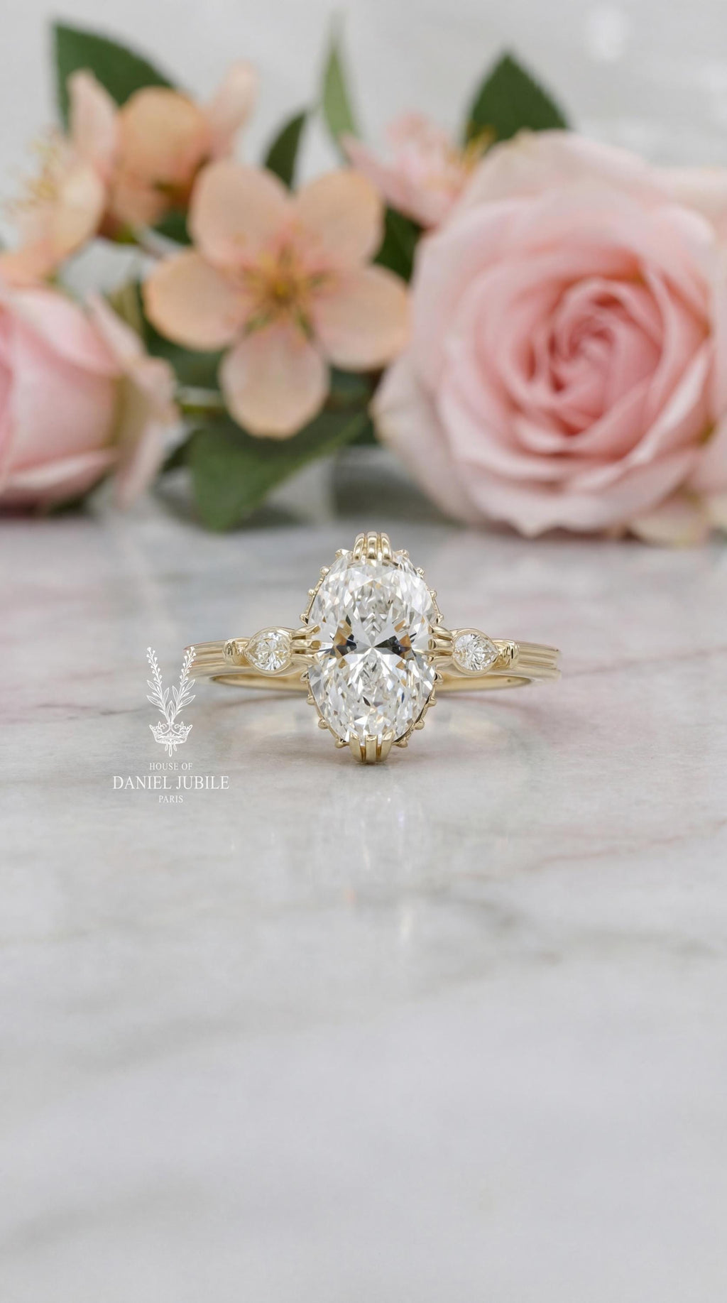3ct Art Deco Oval Lab Engagement Diamond Ring, Pear Side Stones, 14k Gold Crown Setting
