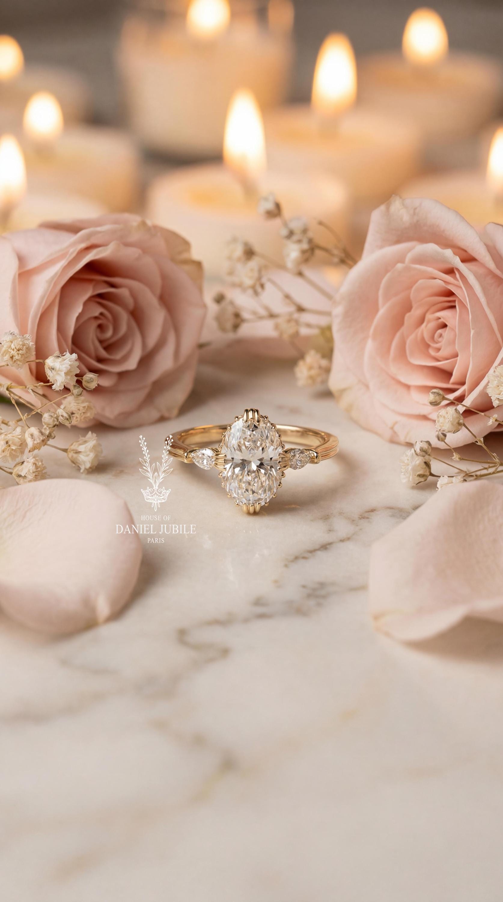 3ct Art Deco Oval Lab Engagement Diamond Ring, Pear Side Stones, 14k Gold Crown Setting