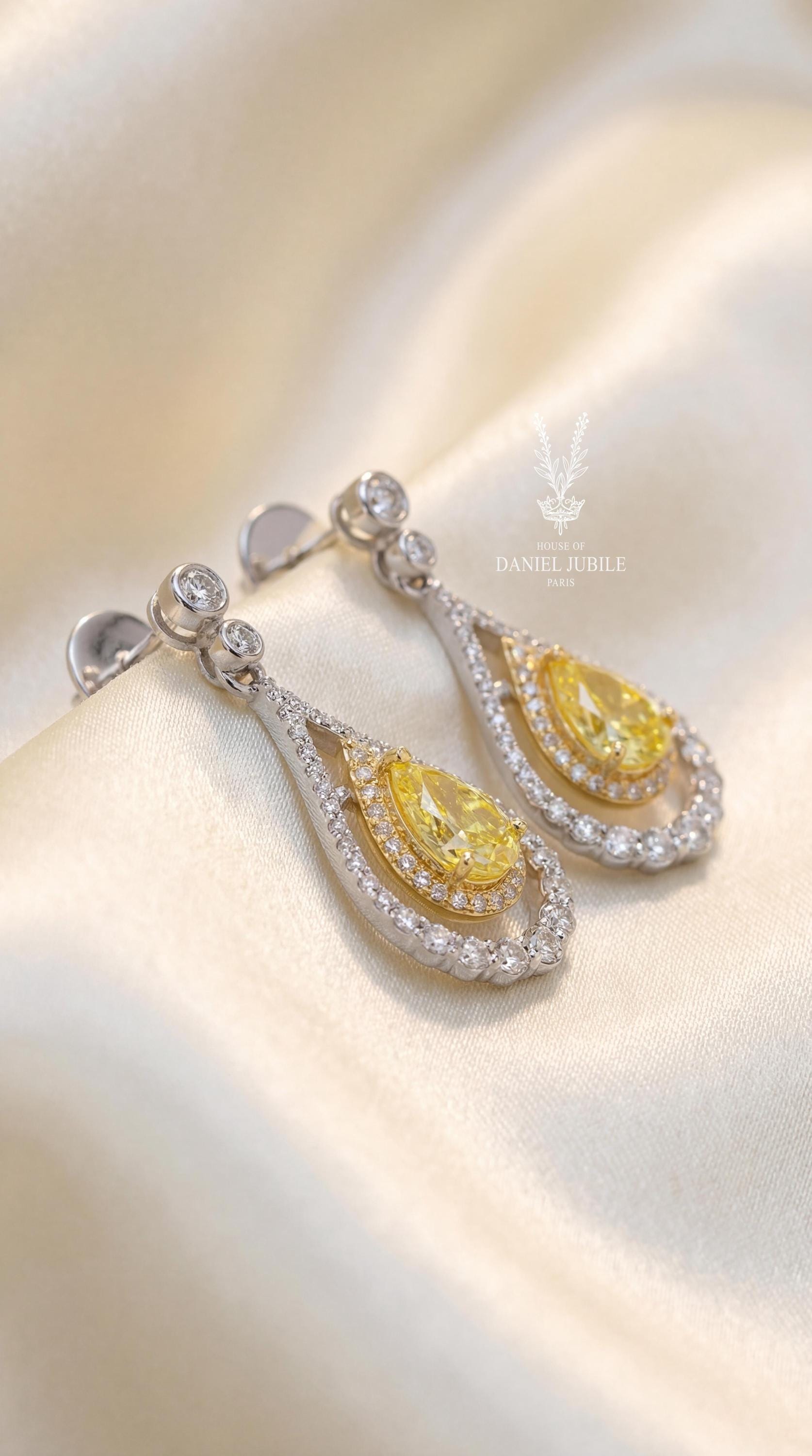 Pear Cut Canary Yellow Diamond Earrings, 14k Gold Double Halo