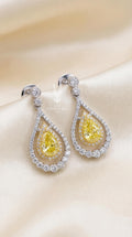 Pear Cut Canary Yellow Diamond Earrings, 14k Gold Double Halo