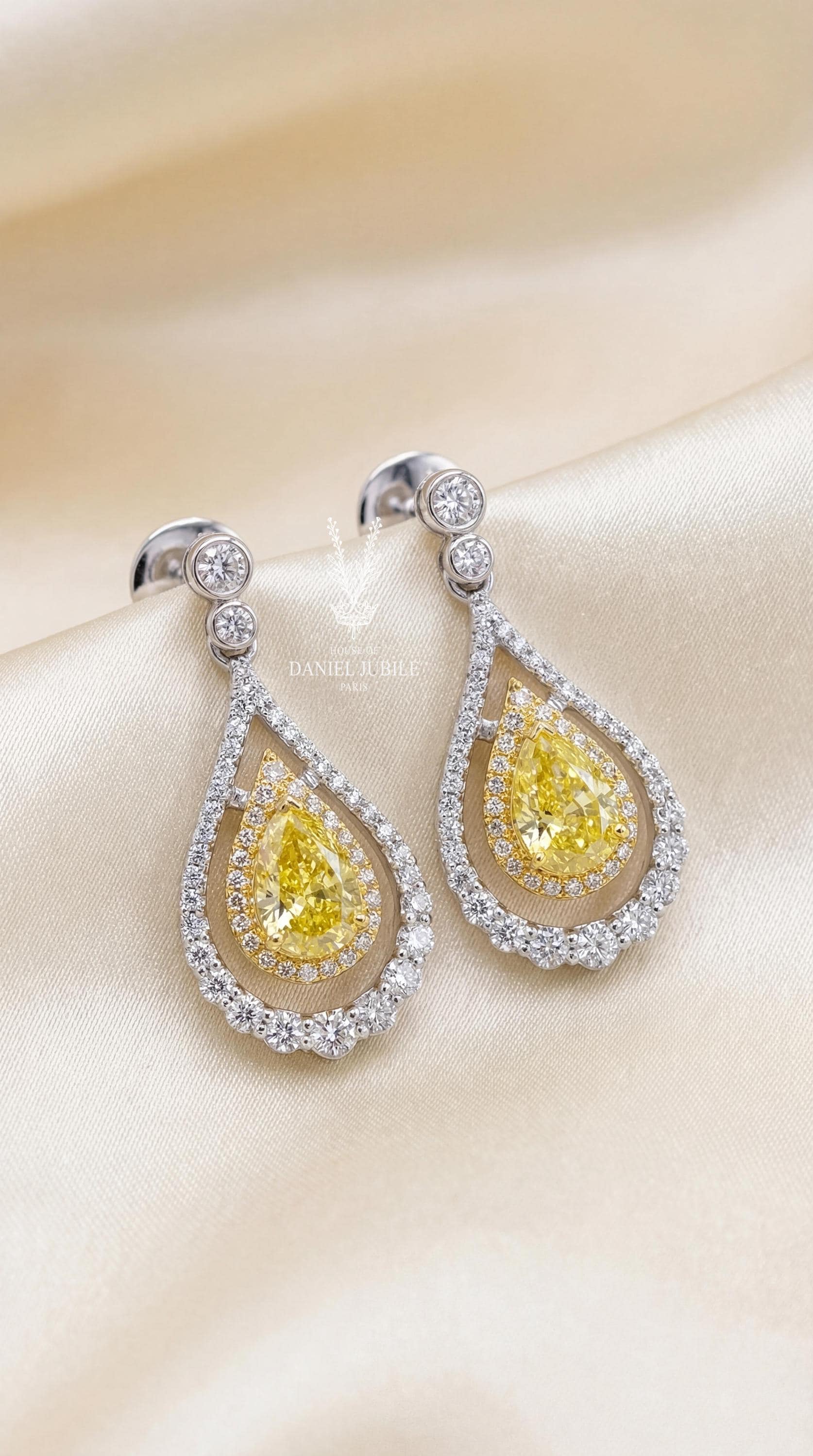 Pear Cut Canary Yellow Diamond Earrings, 14k Gold Double Halo