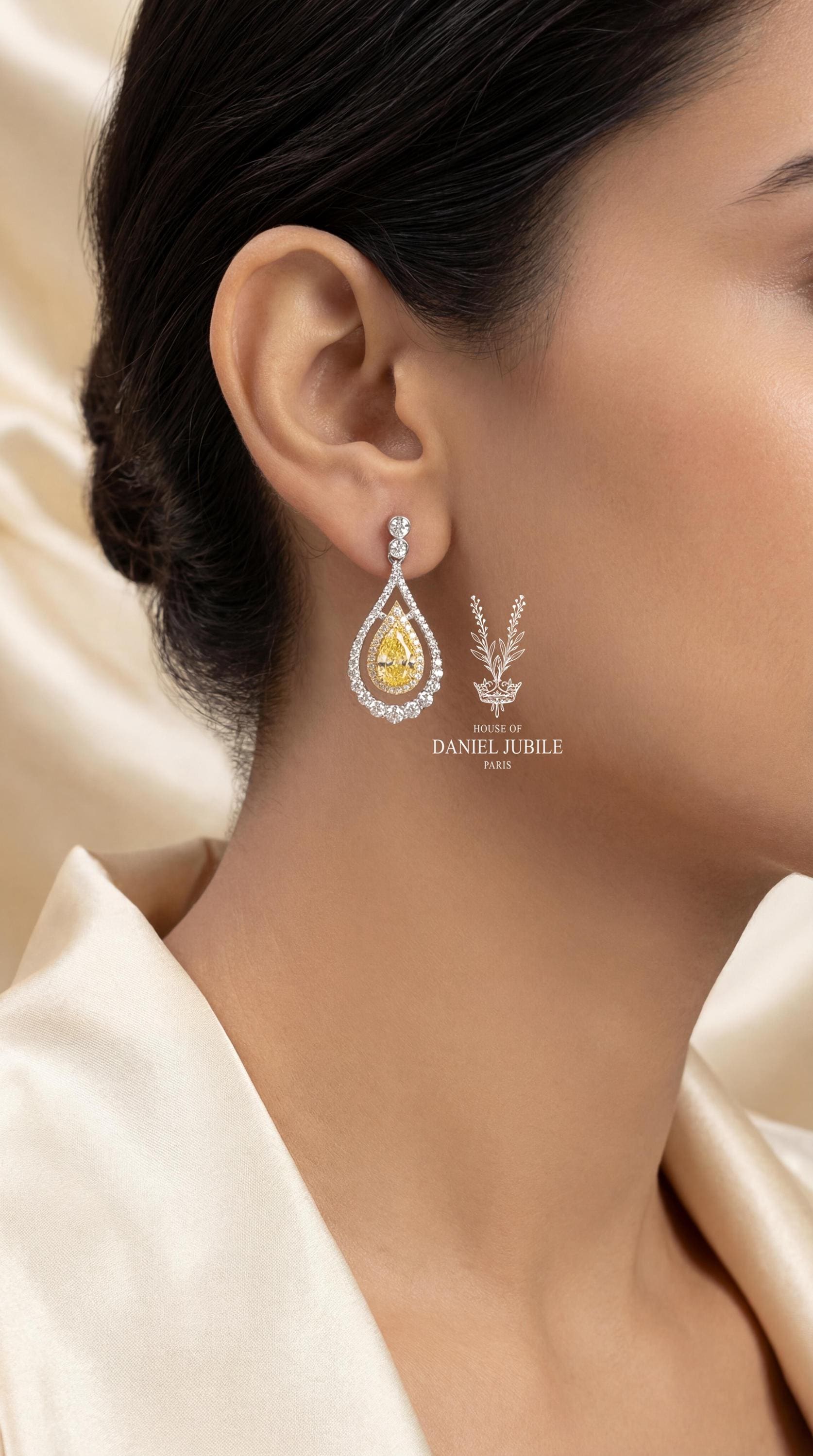 Pear Cut Canary Yellow Diamond Earrings, 14k Gold Double Halo