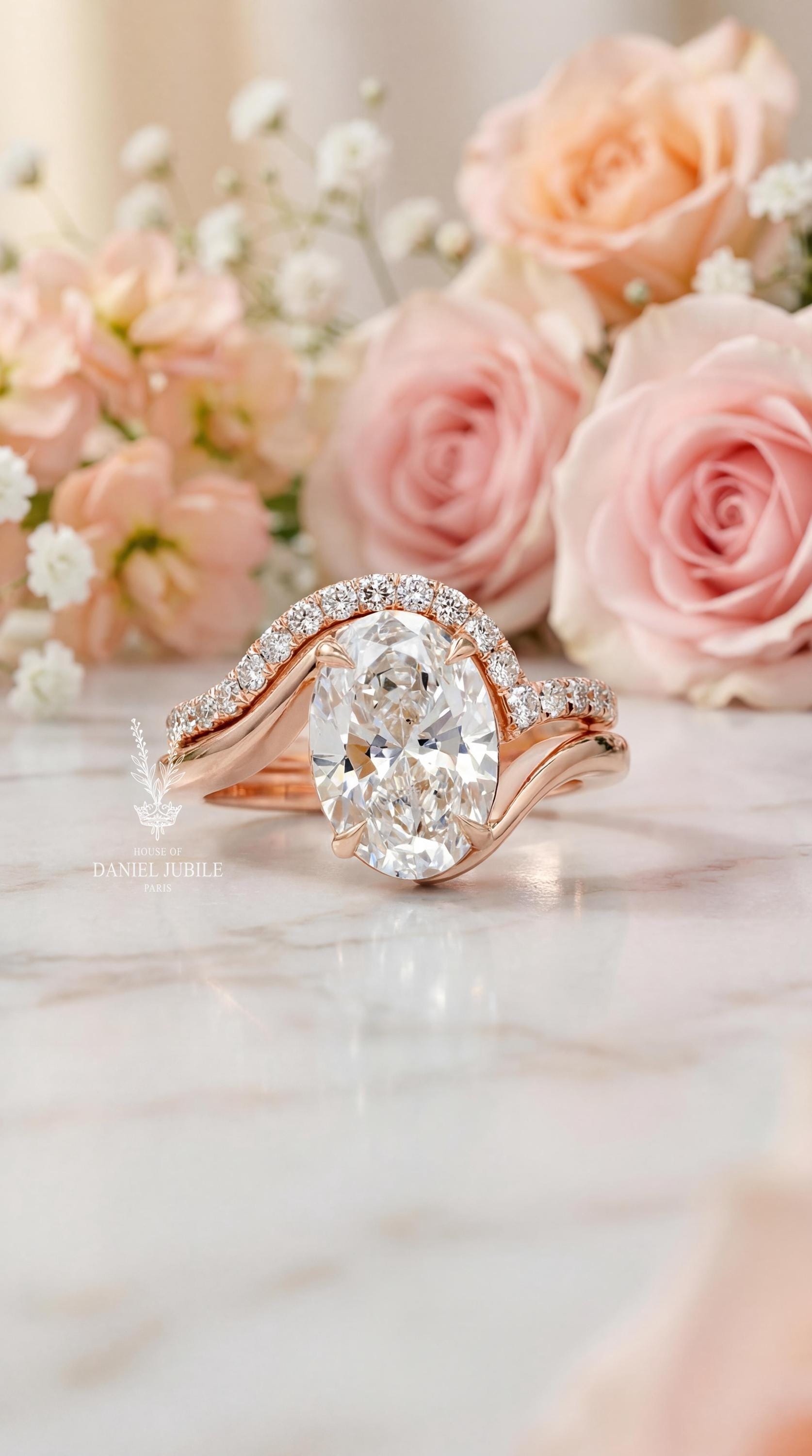 5ct Oval Cut Lab Diamond Ring Engagement Set, 14k Gold Twisted Band