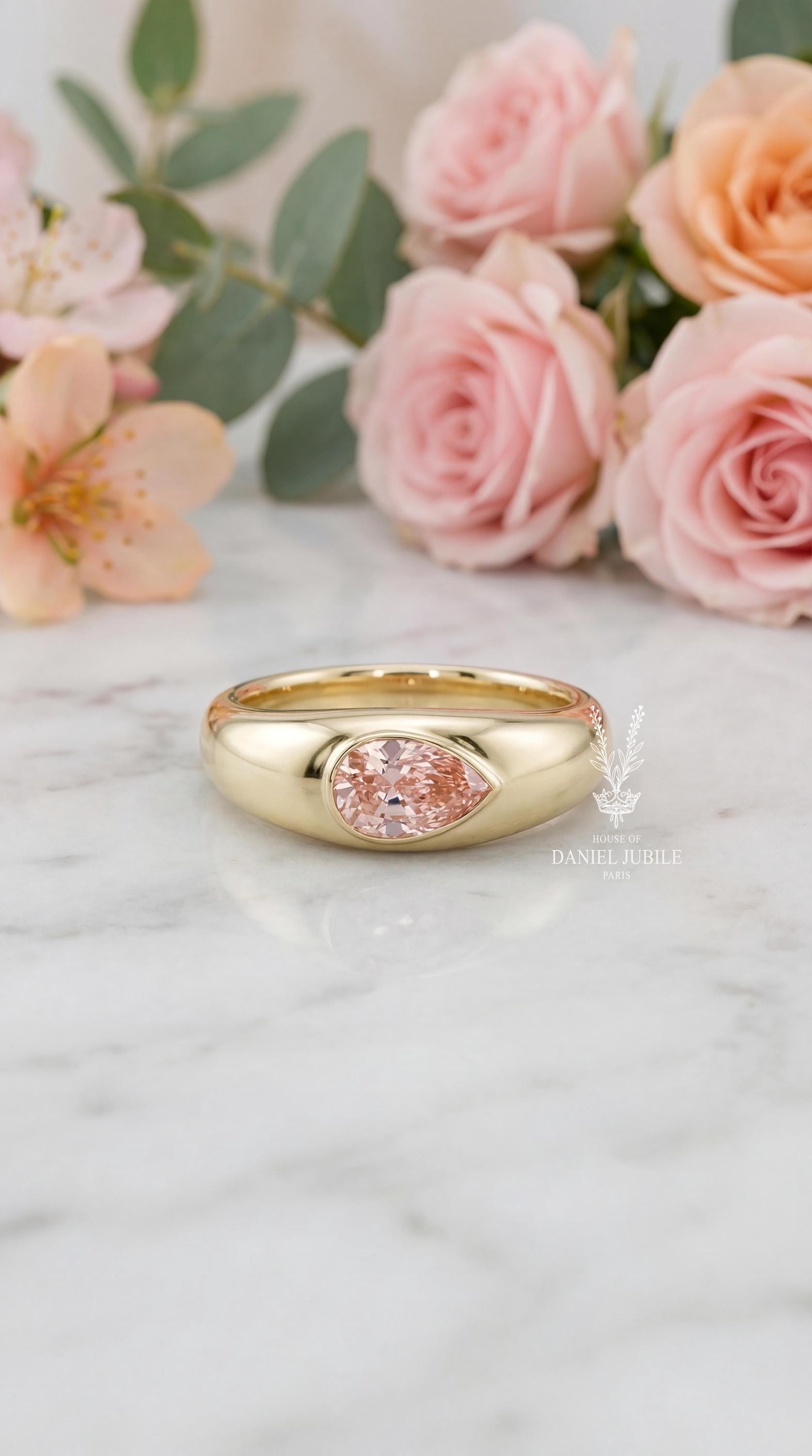 2ct Pear Cut Pink Diamond Ring, 14k Gold Bezel Solitaire