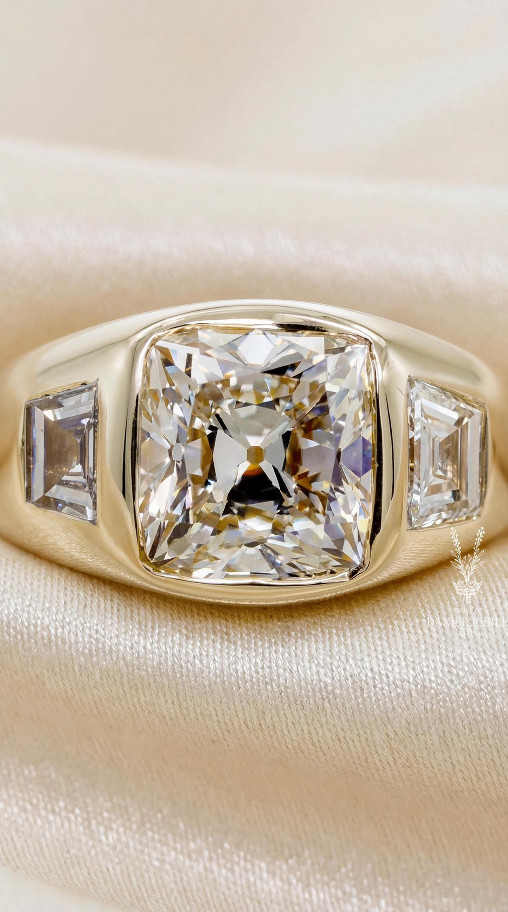 Cushion Cut Lab Diamond Engagement Ring, 14k Gold Bezel Set Trilogy