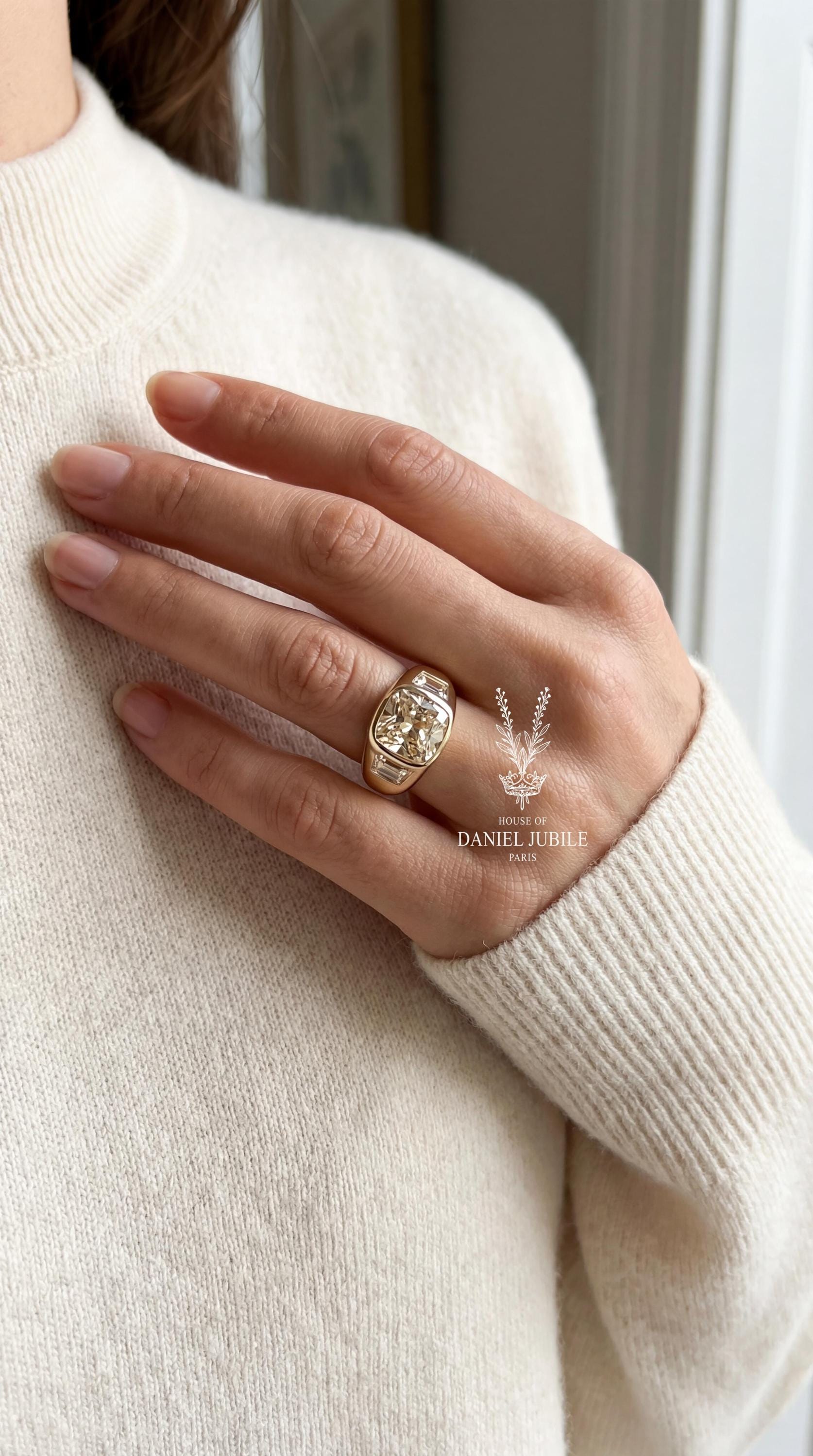 Cushion Cut Lab Diamond Engagement Ring, 14k Gold Bezel Set Trilogy