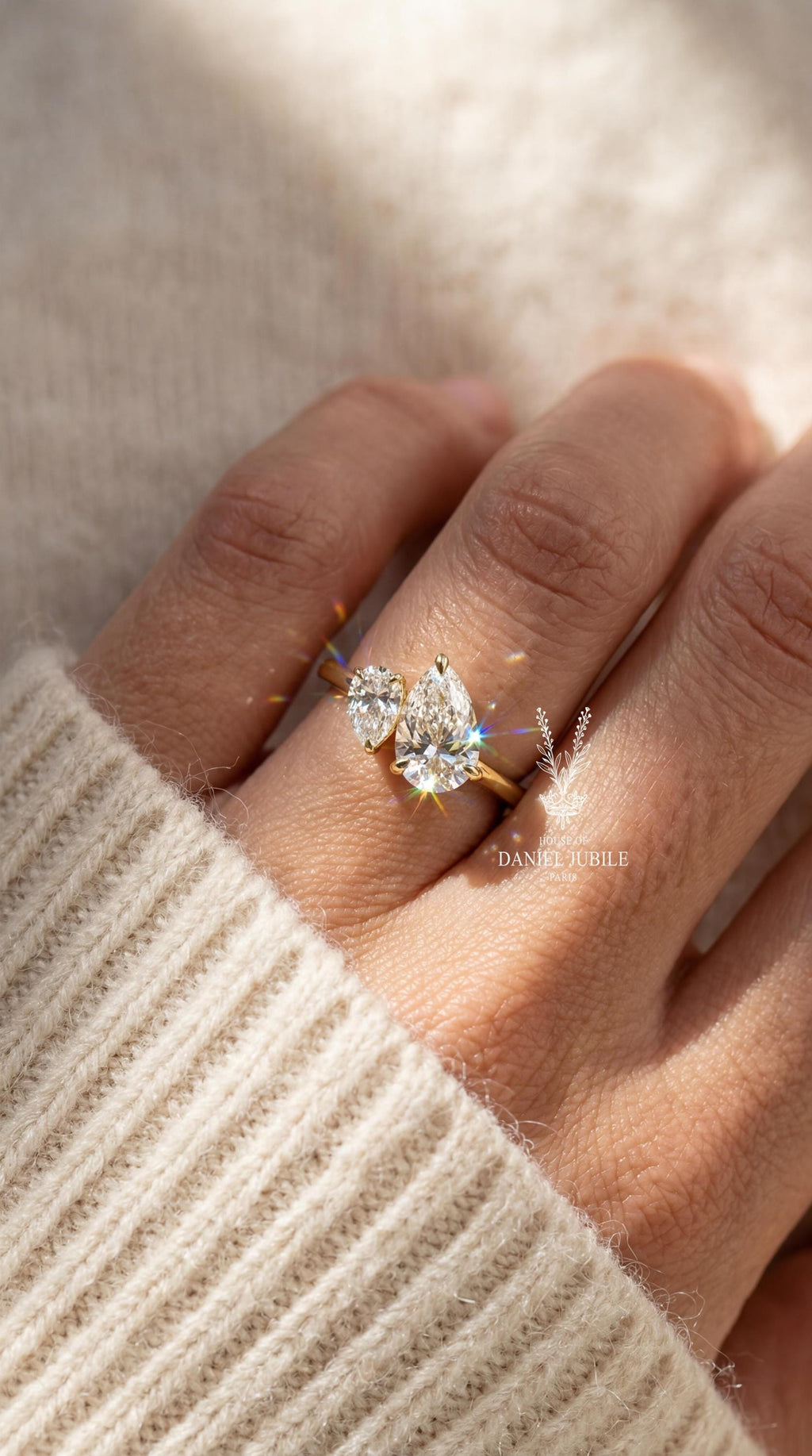 2ct Pear Cut Lab Diamond Ring Toi et Moi 14k Gold Engagement Ring