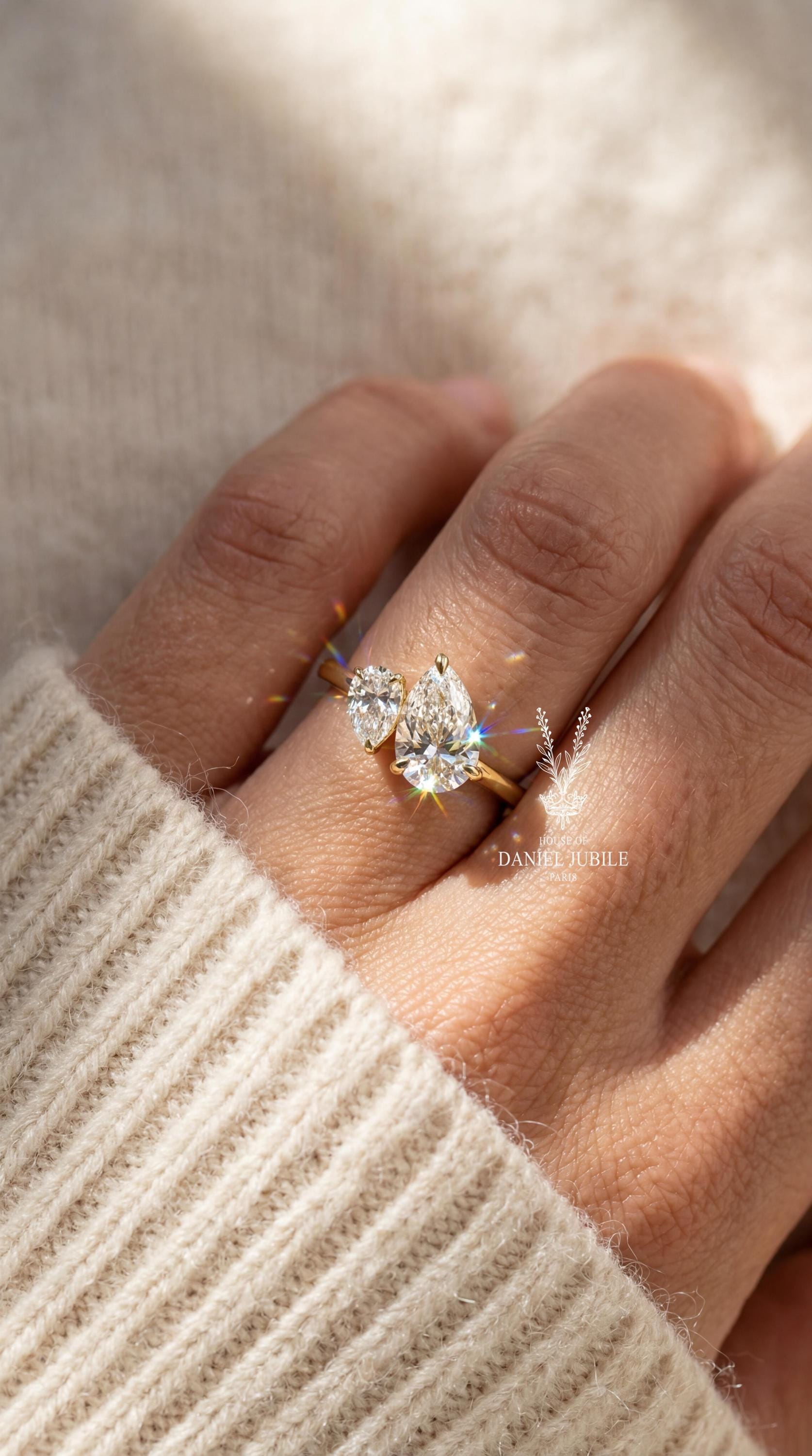 2ct Pear Cut Lab Diamond Ring Toi et Moi 14k Gold Engagement Ring