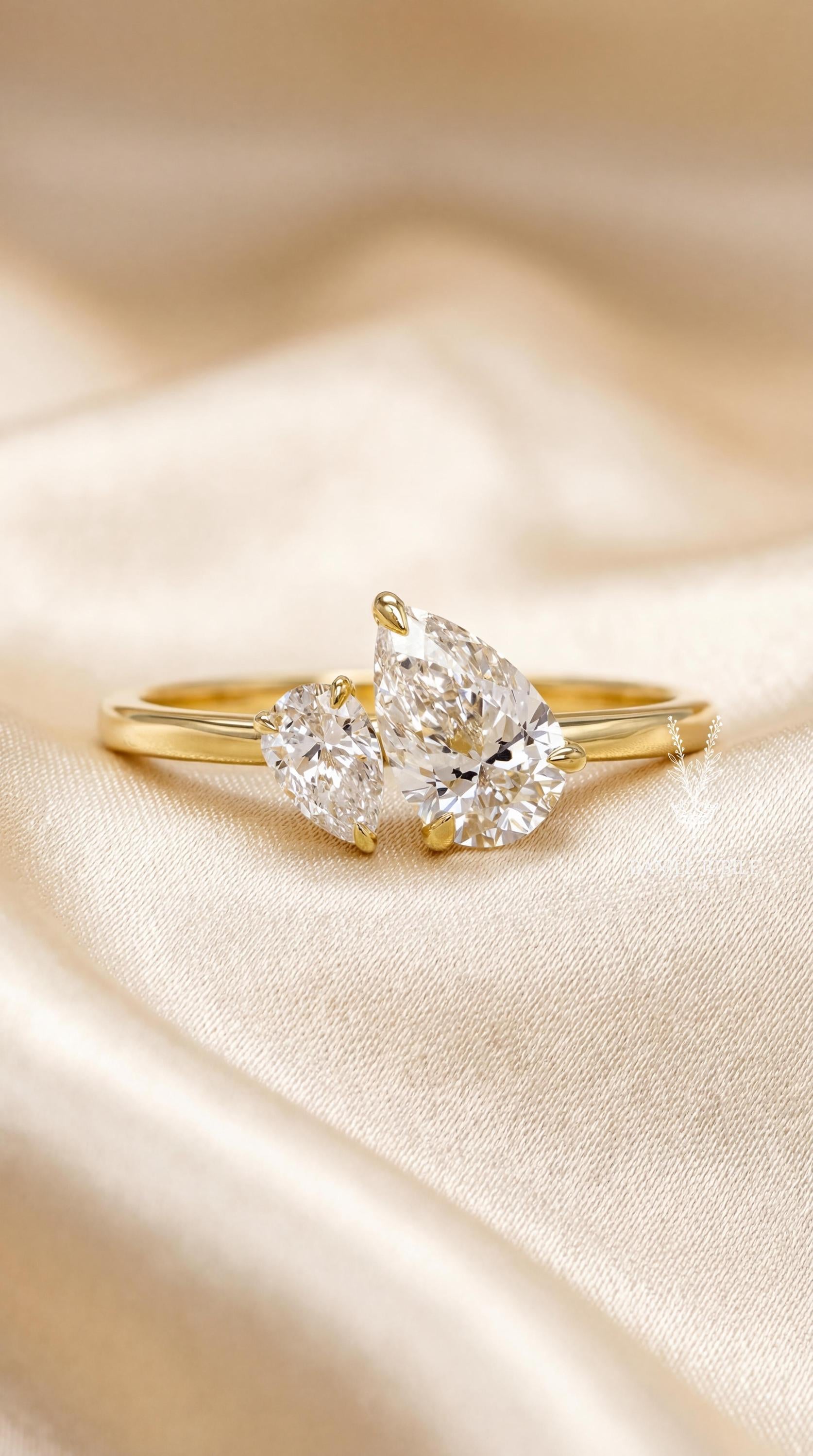 2ct Pear Cut Lab Diamond Ring Toi et Moi 14k Gold Engagement Ring