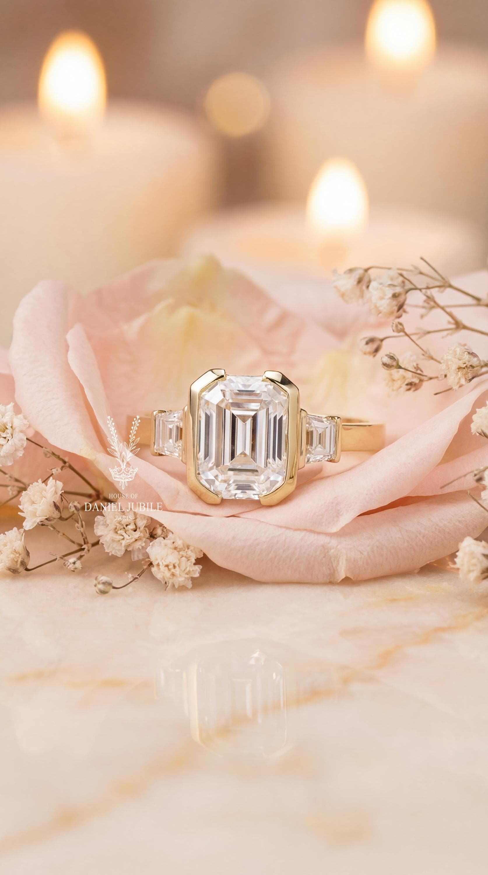 Emerald Cut Lab Engagement Diamond Ring, 14k Gold Art Deco Trapezoid Three Stone
