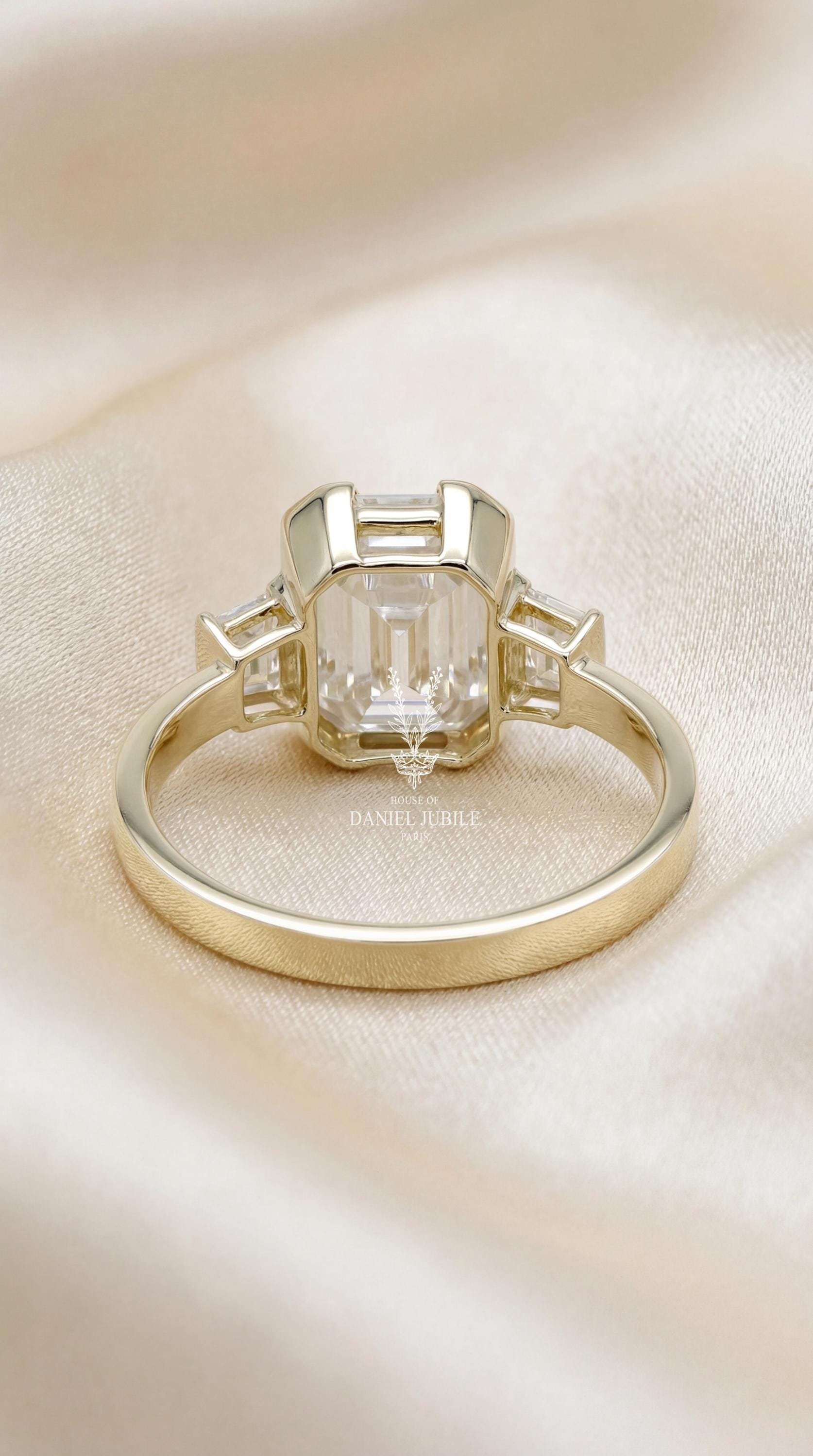 Emerald Cut Lab Engagement Diamond Ring, 14k Gold Art Deco Trapezoid Three Stone