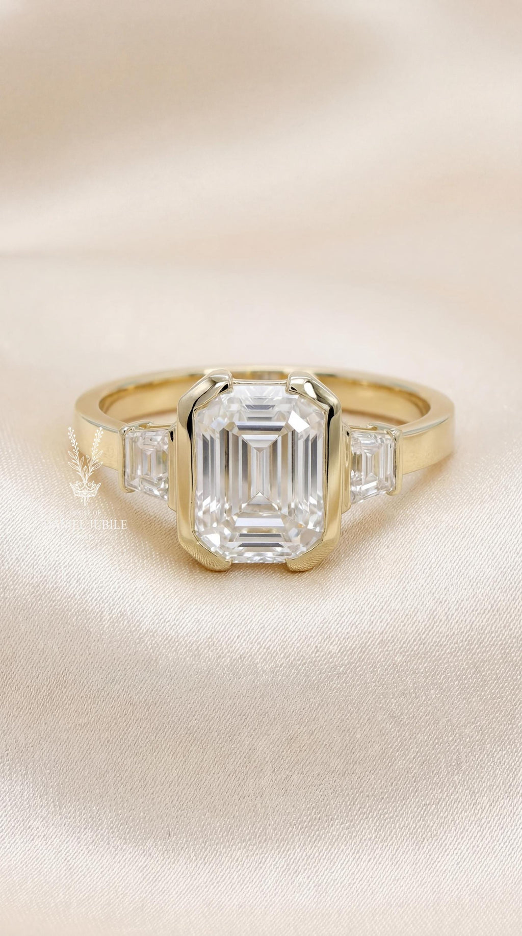 Emerald Cut Lab Engagement Diamond Ring, 14k Gold Art Deco Trapezoid Three Stone