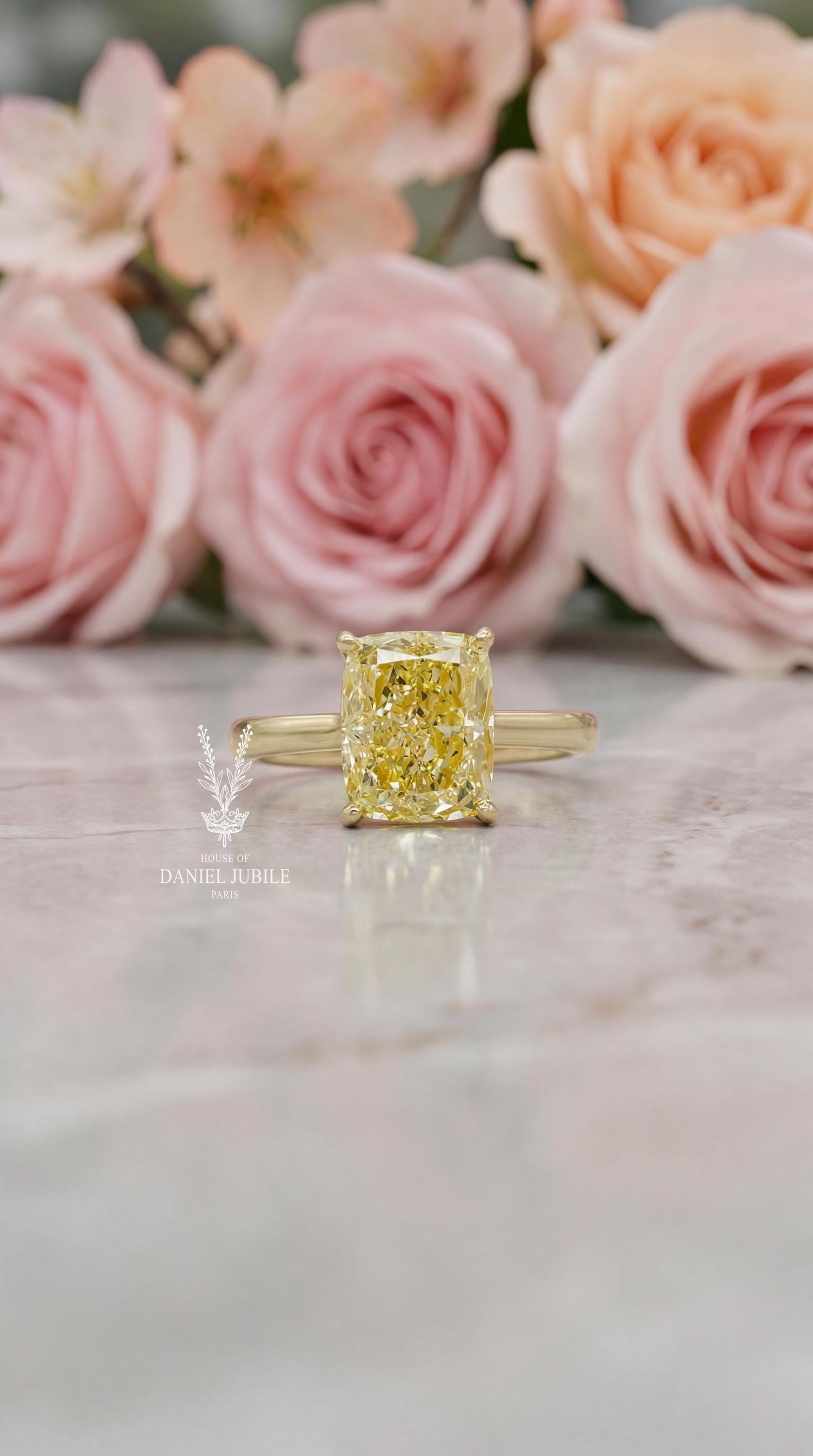 2ct Canary Yellow Cushion Cut Lab Diamond 14k Gold Engagement Ring