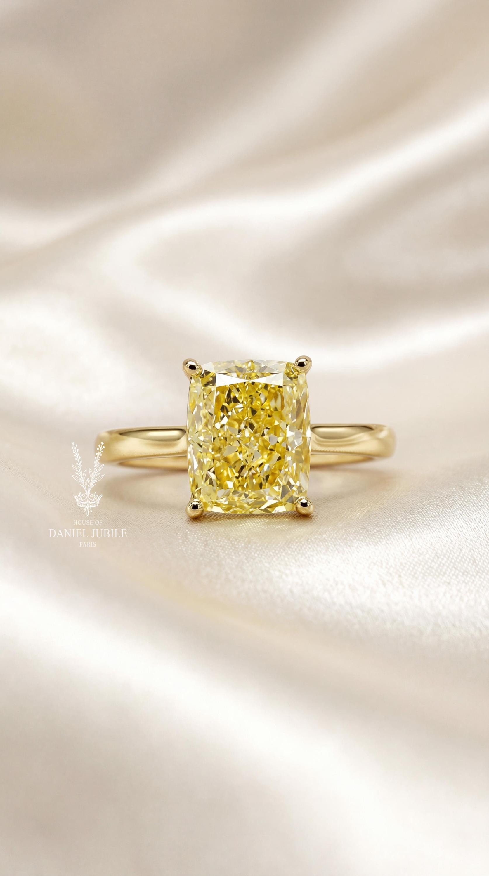 2ct Canary Yellow Cushion Cut Lab Diamond 14k Gold Engagement Ring