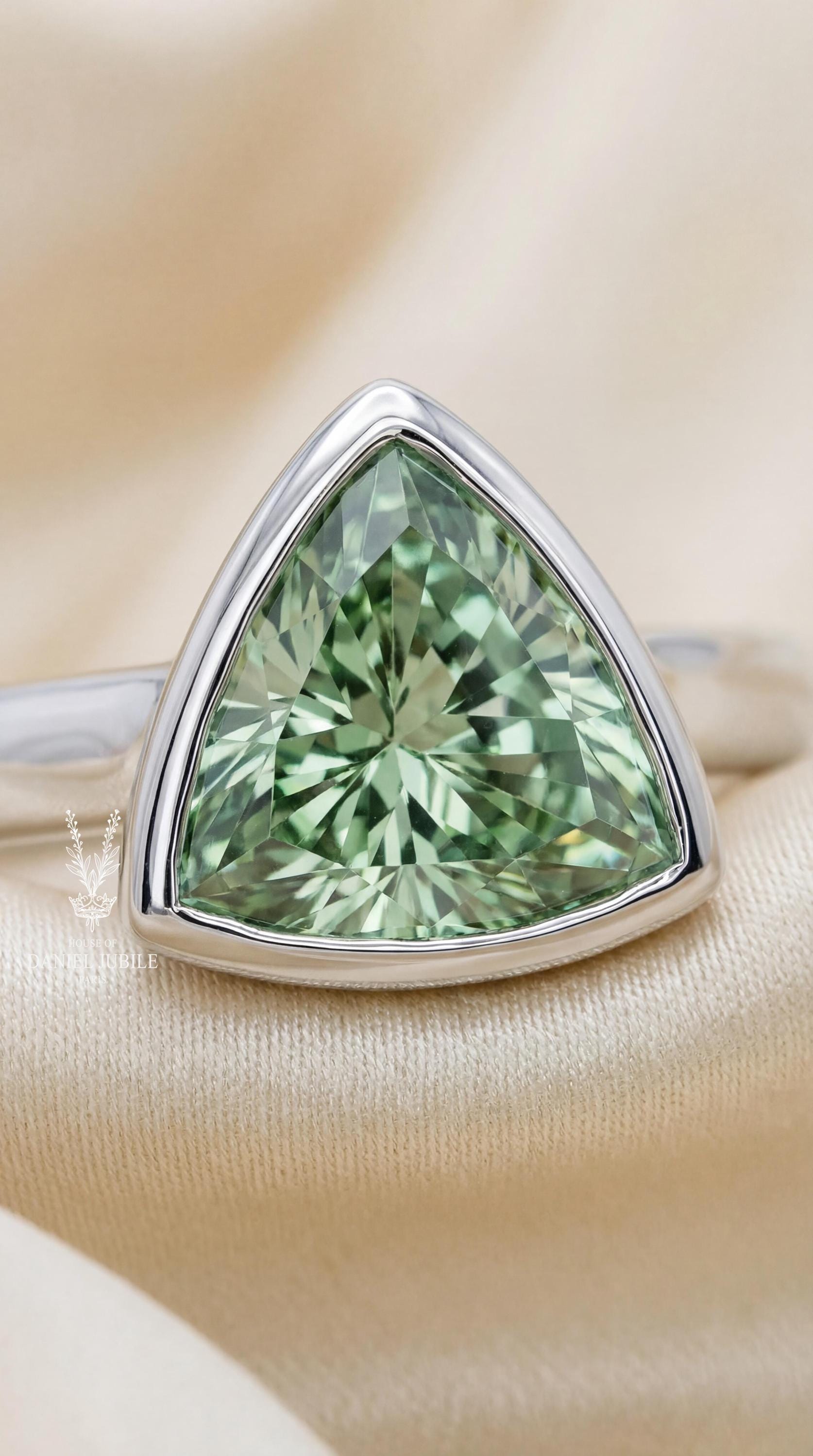 2ct Mint Green Diamond Ring: Trillion Cut 14k White Gold Solitaire