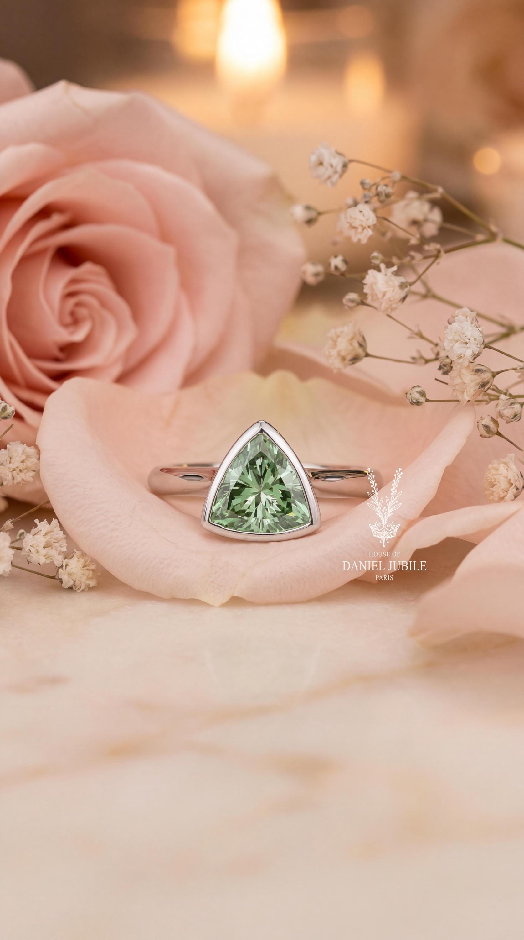2ct Mint Green Diamond Ring: Trillion Cut 14k White Gold Solitaire