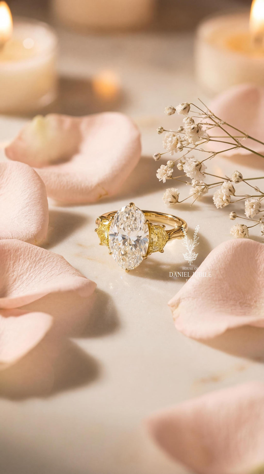 Oval Lab Engagement Diamond Ring: 14k Gold, Yellow Diamond Accents, Art Deco