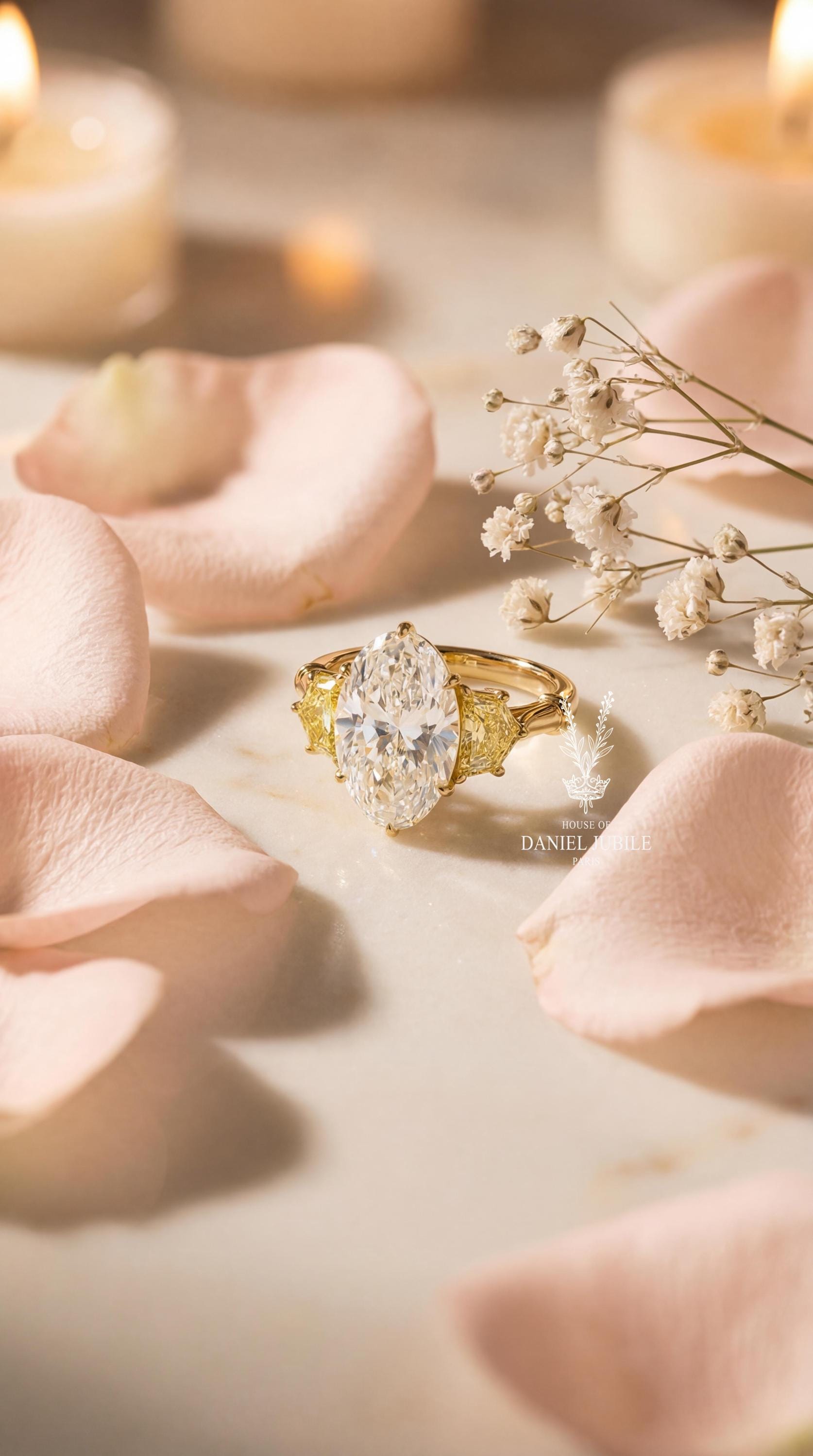 Oval Lab Engagement Diamond Ring: 14k Gold, Yellow Diamond Accents, Art Deco