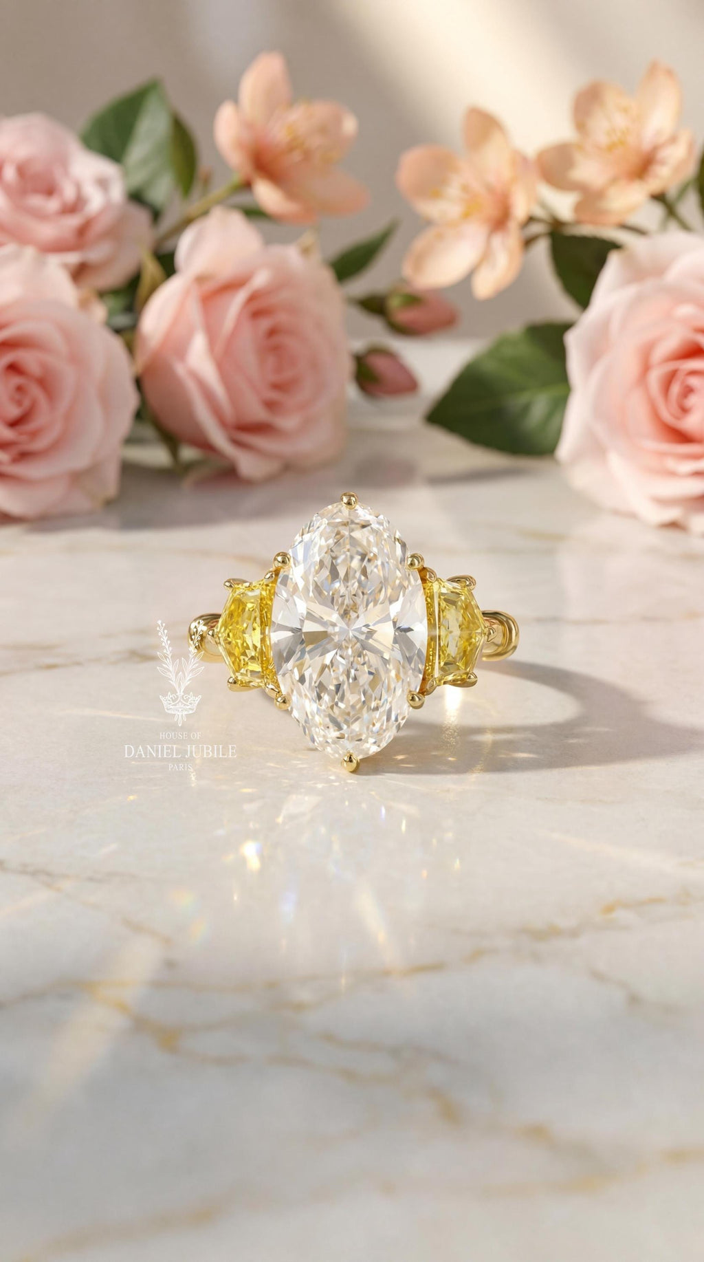 Oval Lab Engagement Diamond Ring: 14k Gold, Yellow Diamond Accents, Art Deco