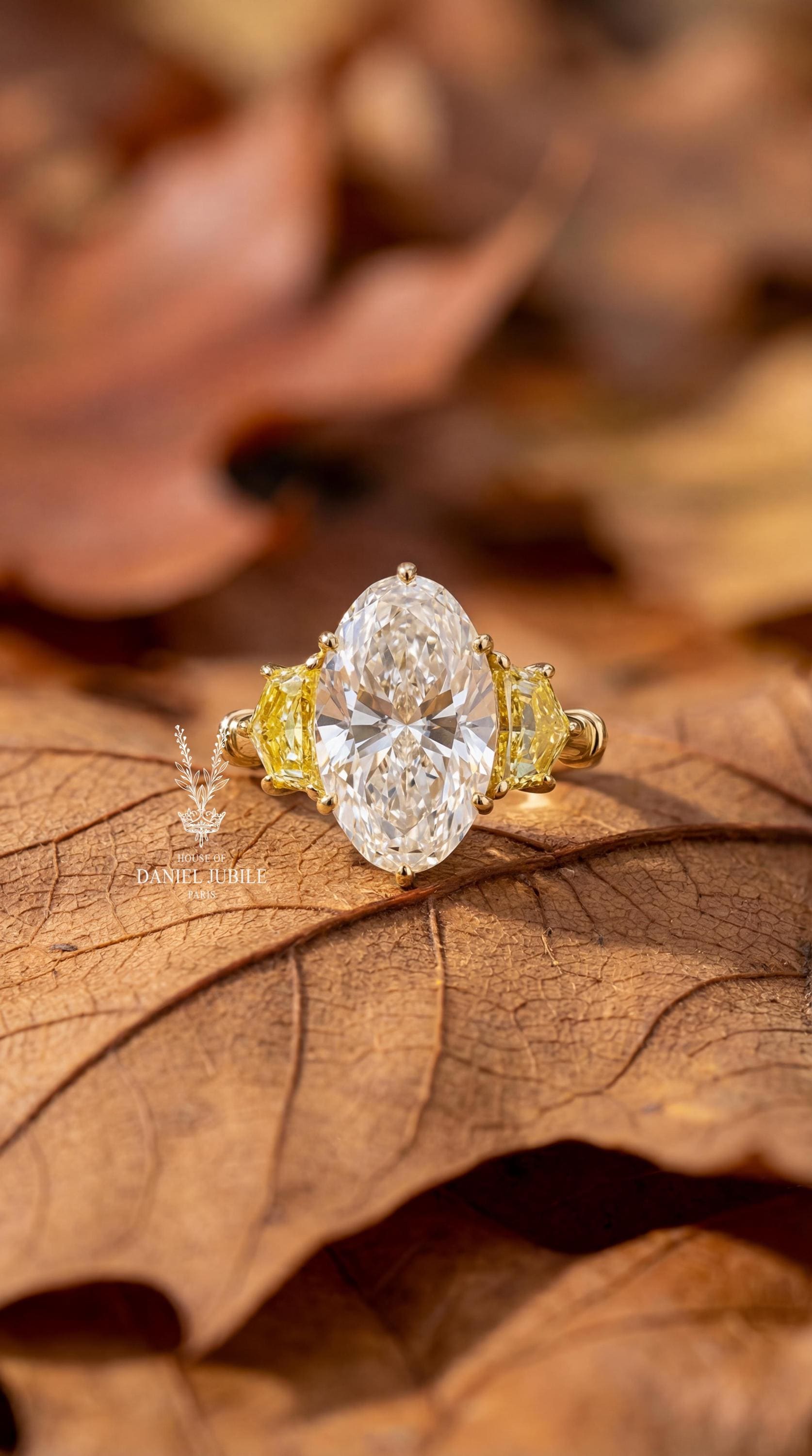 Oval Lab Engagement Diamond Ring: 14k Gold, Yellow Diamond Accents, Art Deco