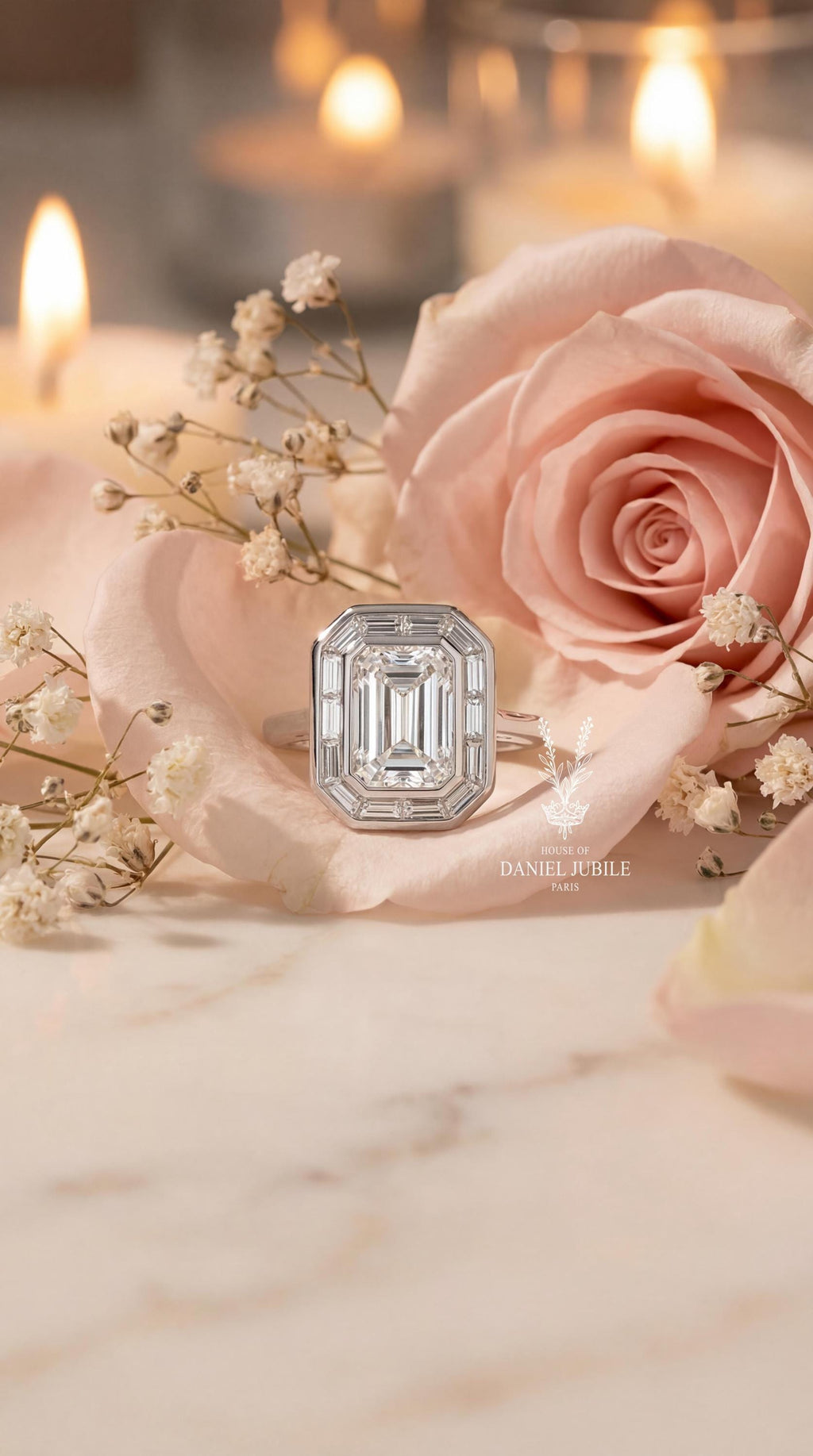 5 Carat Emerald Cut Lab Engagement Diamond Ring: 14k White Gold Art Deco Baguette Halo