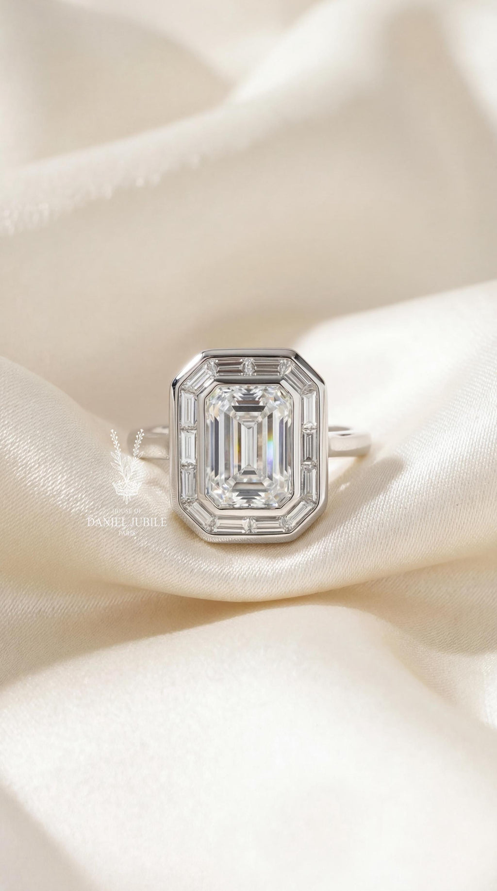 5 Carat Emerald Cut Lab Engagement Diamond Ring: 14k White Gold Art Deco Baguette Halo