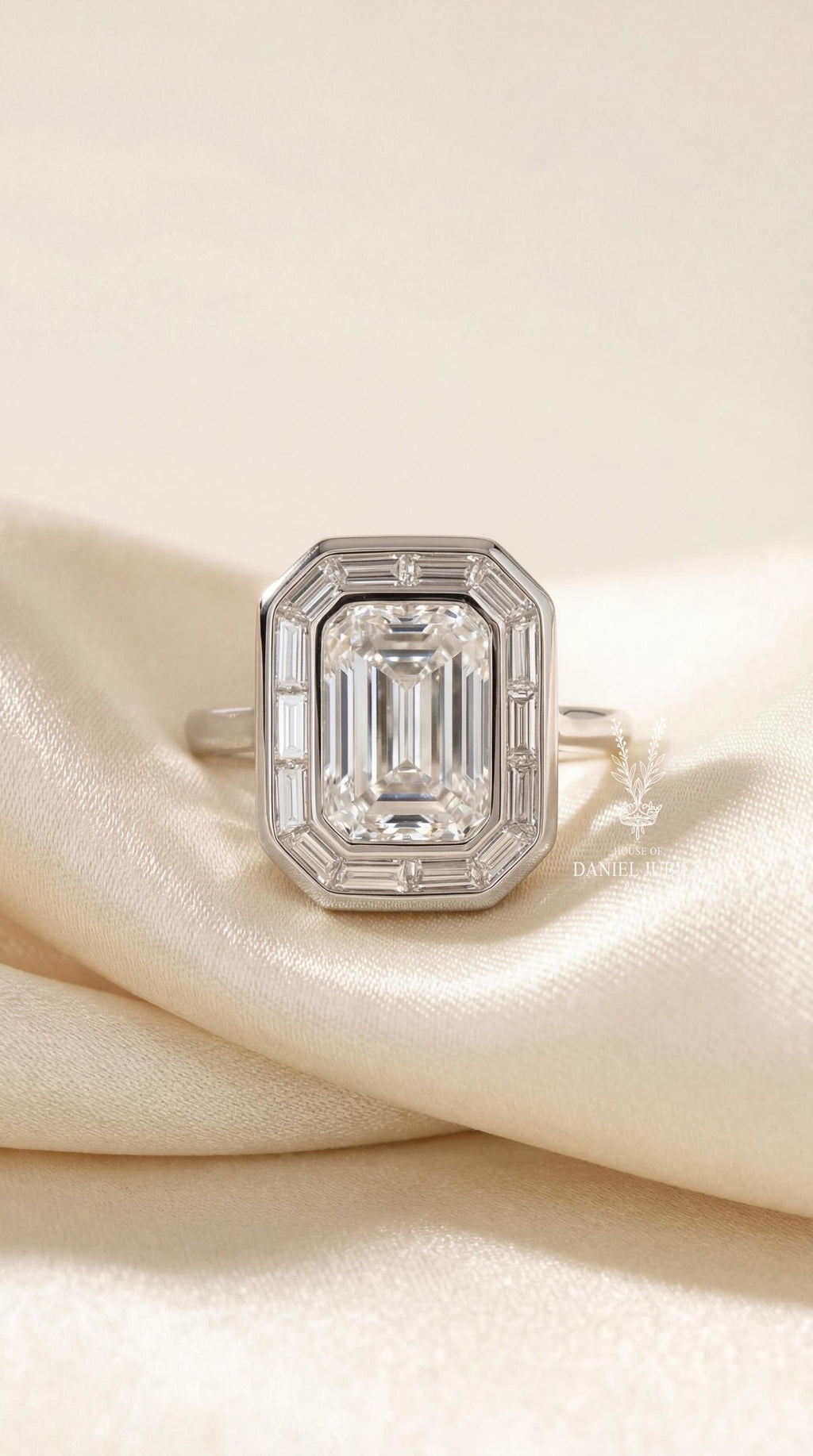 5 Carat Emerald Cut Lab Engagement Diamond Ring: 14k White Gold Art Deco Baguette Halo