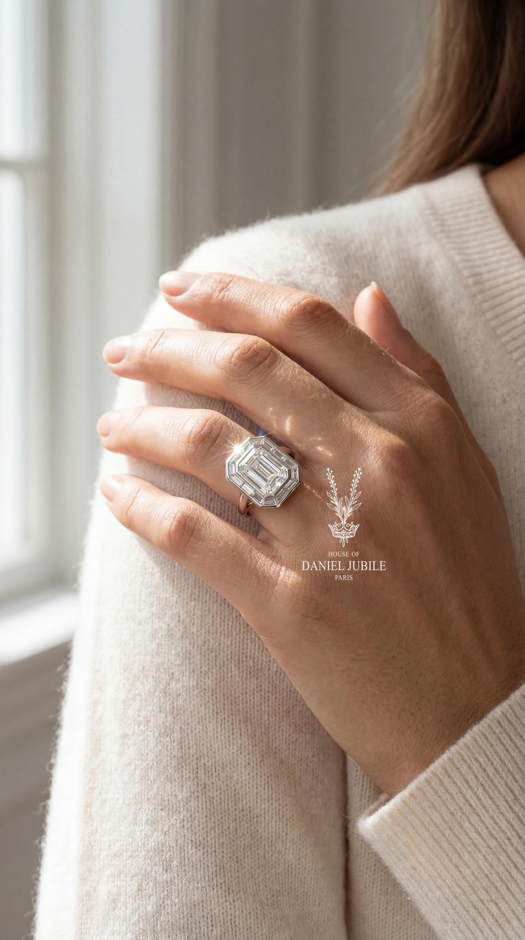 5 Carat Emerald Cut Lab Engagement Diamond Ring: 14k White Gold Art Deco Baguette Halo