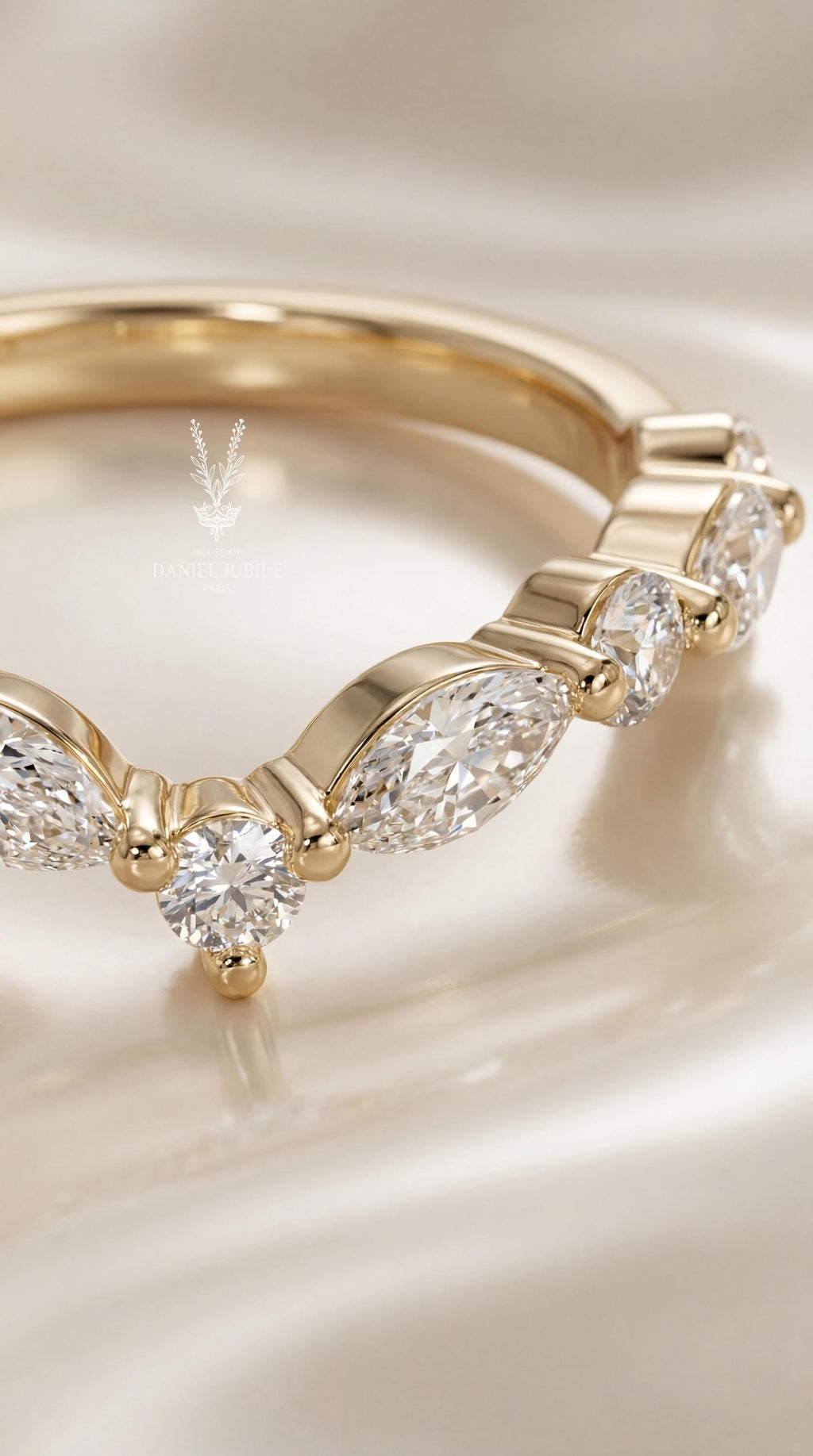 Art Deco 14k Gold Chevron Wedding Band, 0.40ct Lab Diamond Nesting Diamond Ring