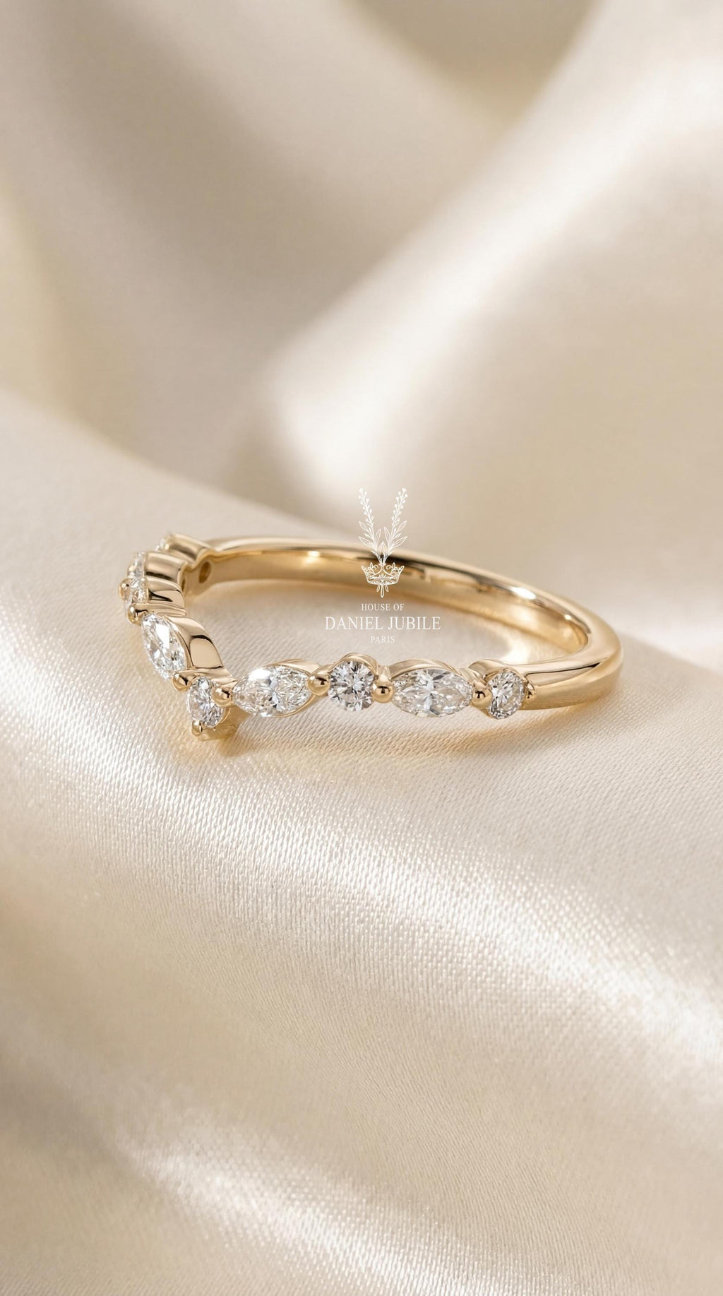 Art Deco 14k Gold Chevron Wedding Band, 0.40ct Lab Diamond Nesting Diamond Ring