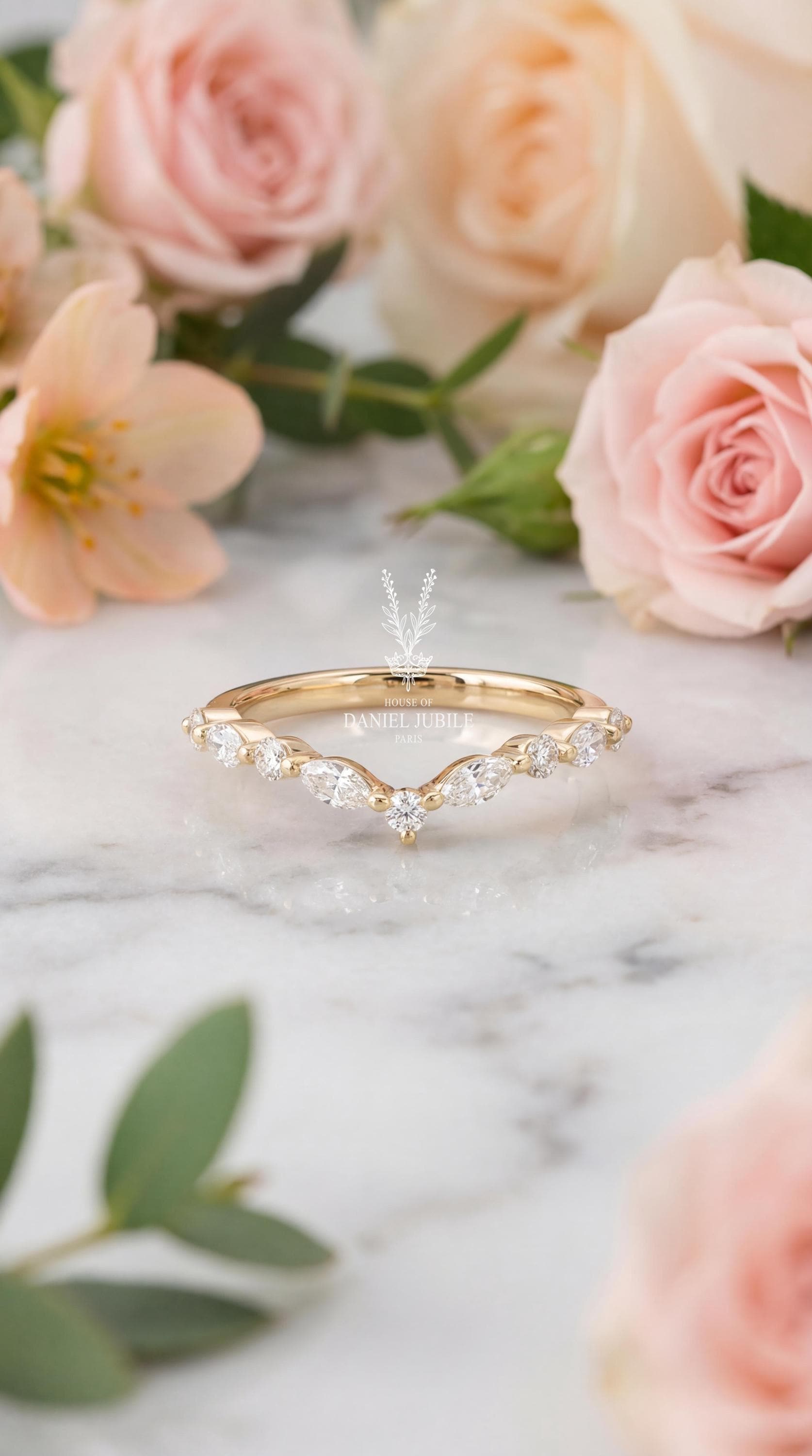 Art Deco 14k Gold Chevron Wedding Band, 0.40ct Lab Diamond Nesting Diamond Ring