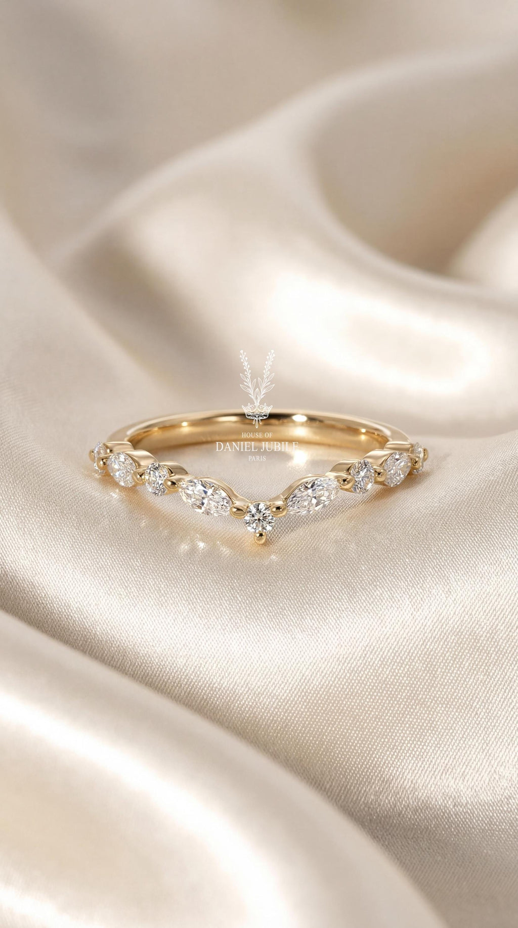 Art Deco 14k Gold Chevron Wedding Band, 0.40ct Lab Diamond Nesting Diamond Ring