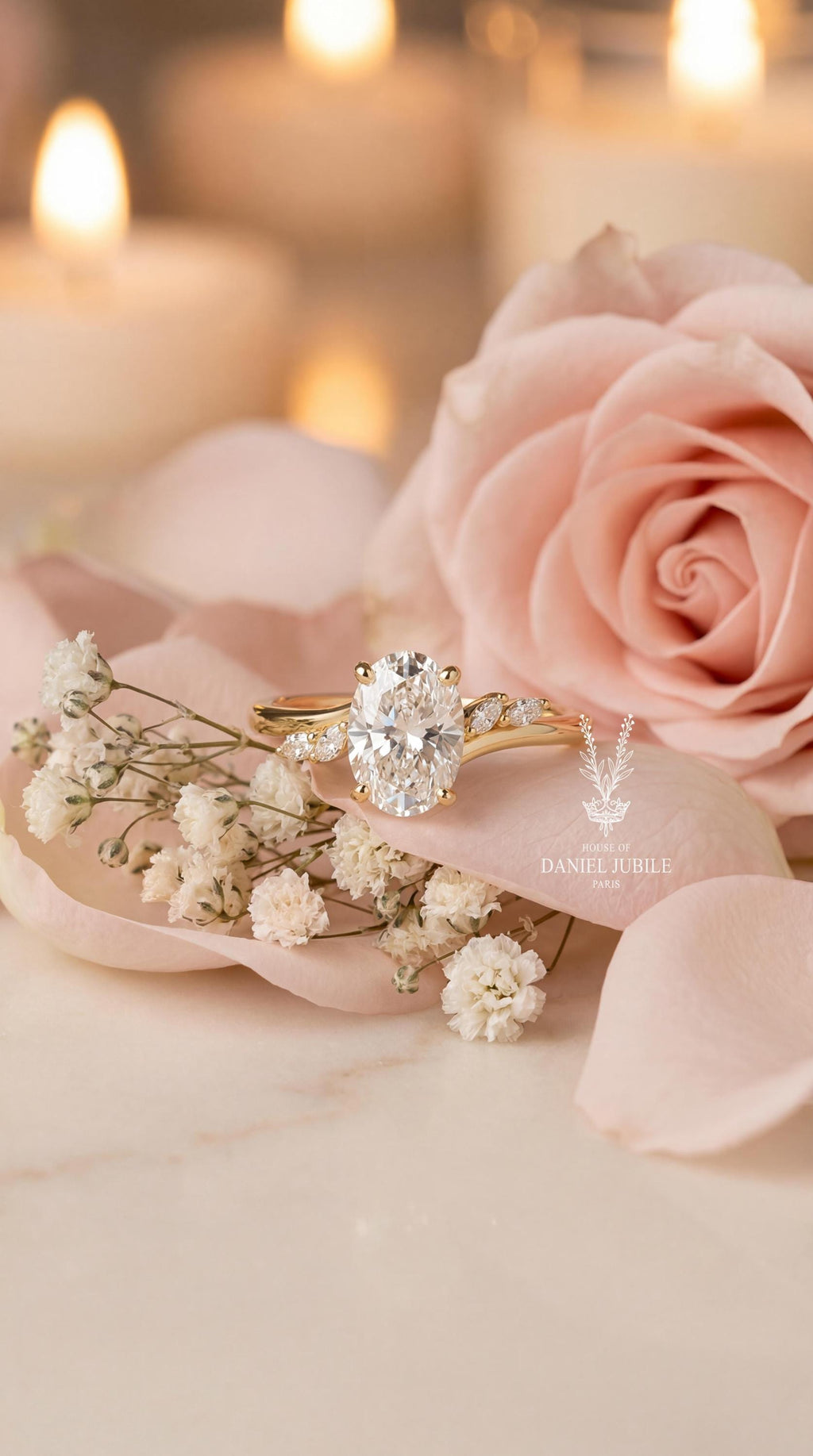 2ct Oval Lab Engagement Diamond Ring: 14k Gold Asymmetric Marquise Cluster
