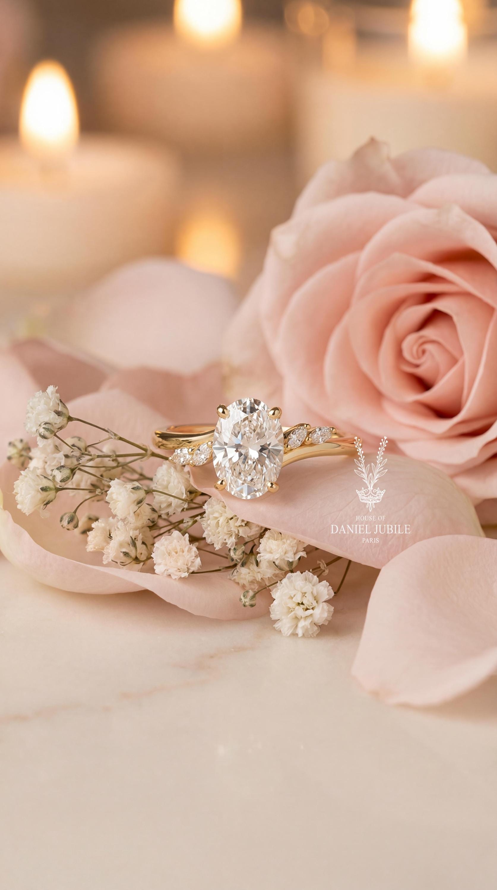 2ct Oval Lab Engagement Diamond Ring: 14k Gold Asymmetric Marquise Cluster