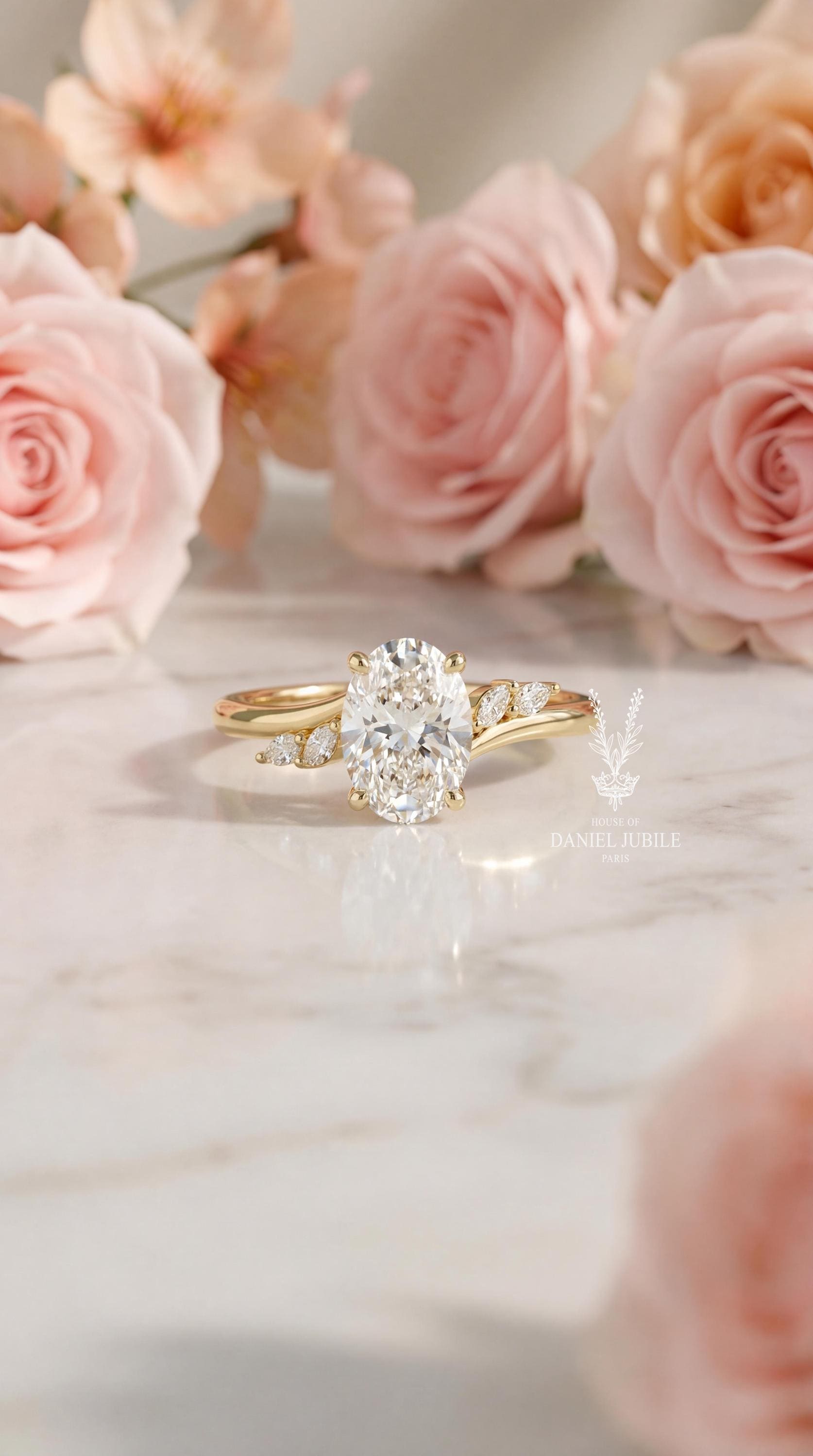 2ct Oval Lab Engagement Diamond Ring: 14k Gold Asymmetric Marquise Cluster