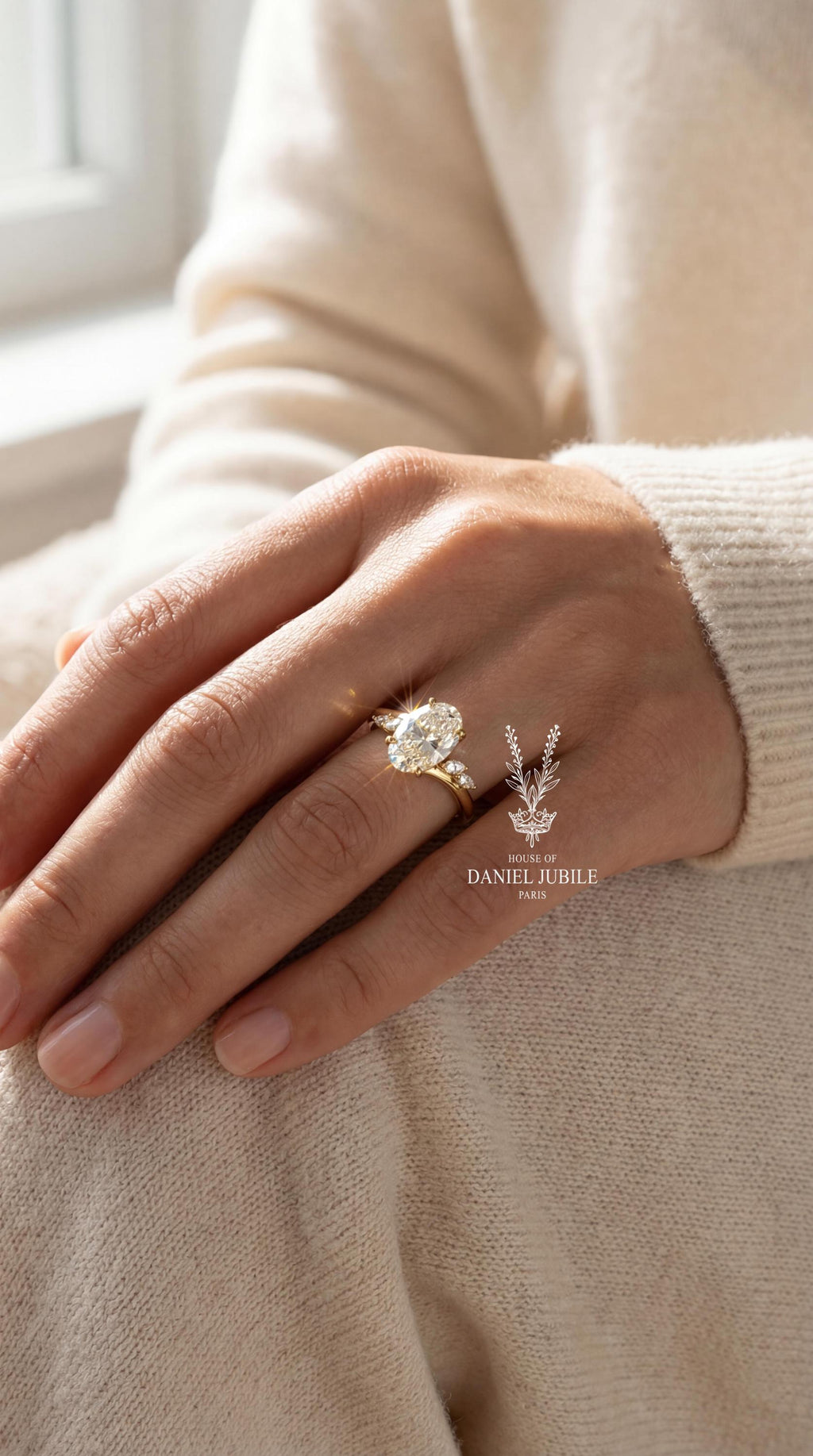 2ct Oval Lab Engagement Diamond Ring: 14k Gold Asymmetric Marquise Cluster