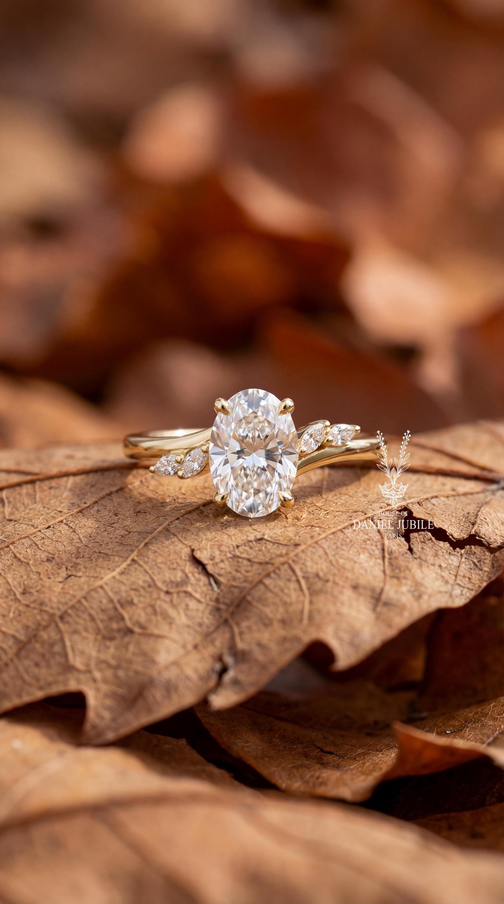2ct Oval Lab Engagement Diamond Ring: 14k Gold Asymmetric Marquise Cluster