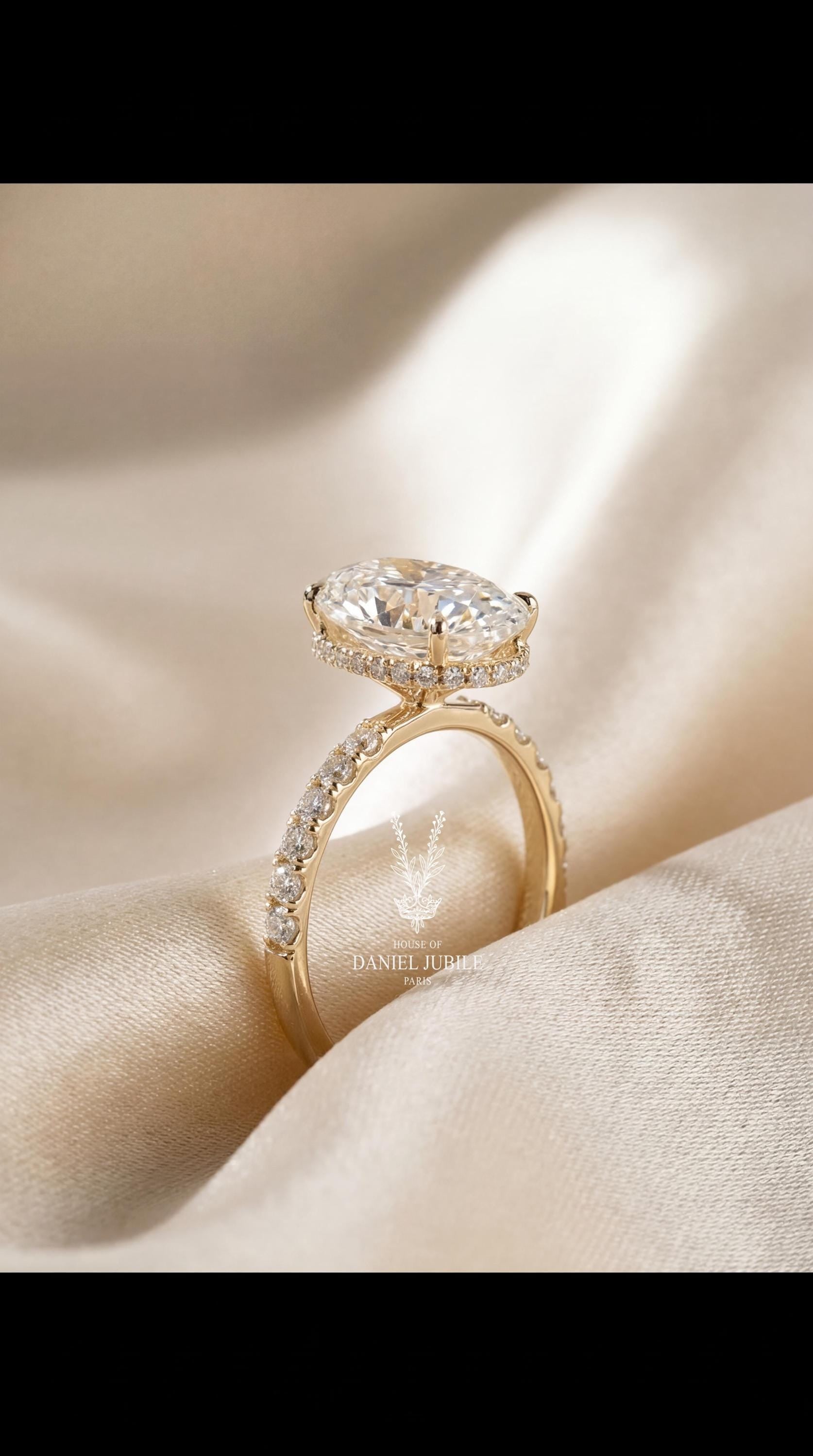 8Carat Oval Lab Engagement Diamond Ring, 14k Gold Marquise Cluster Hidden Halo