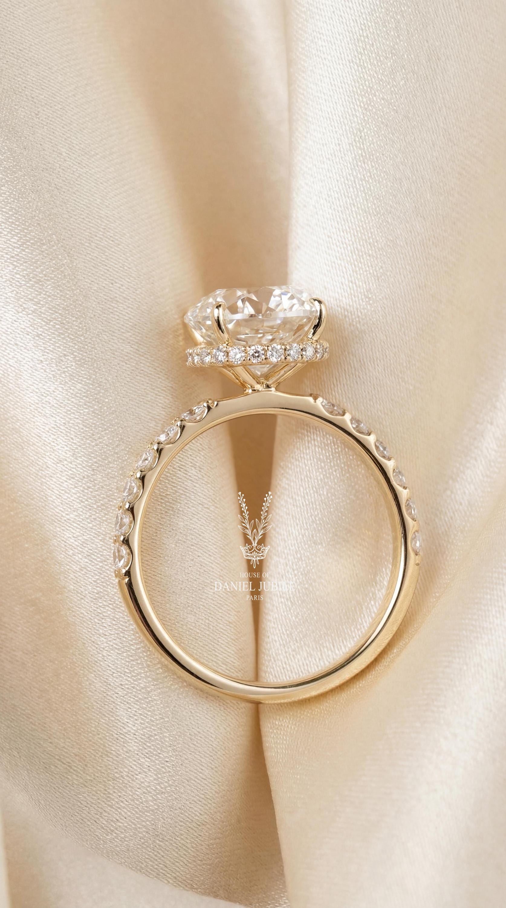 8Carat Oval Lab Engagement Diamond Ring, 14k Gold Marquise Cluster Hidden Halo