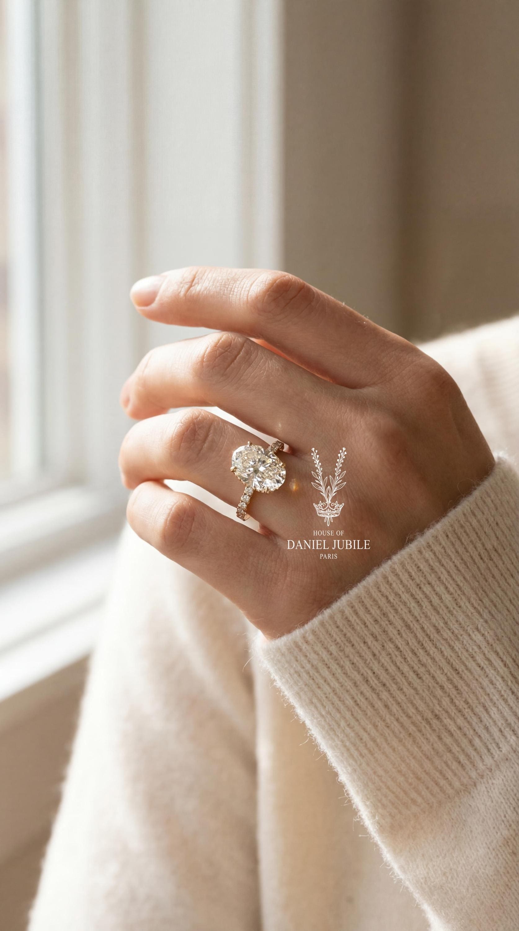 8Carat Oval Lab Engagement Diamond Ring, 14k Gold Marquise Cluster Hidden Halo