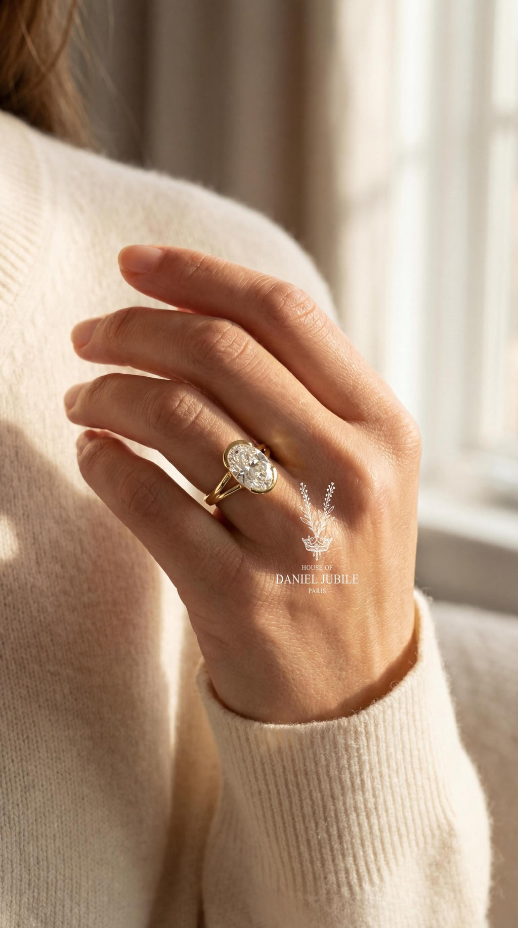 4ct Oval Lab Engagement Diamond Ring, 14k Gold Bezel Set Split Shank