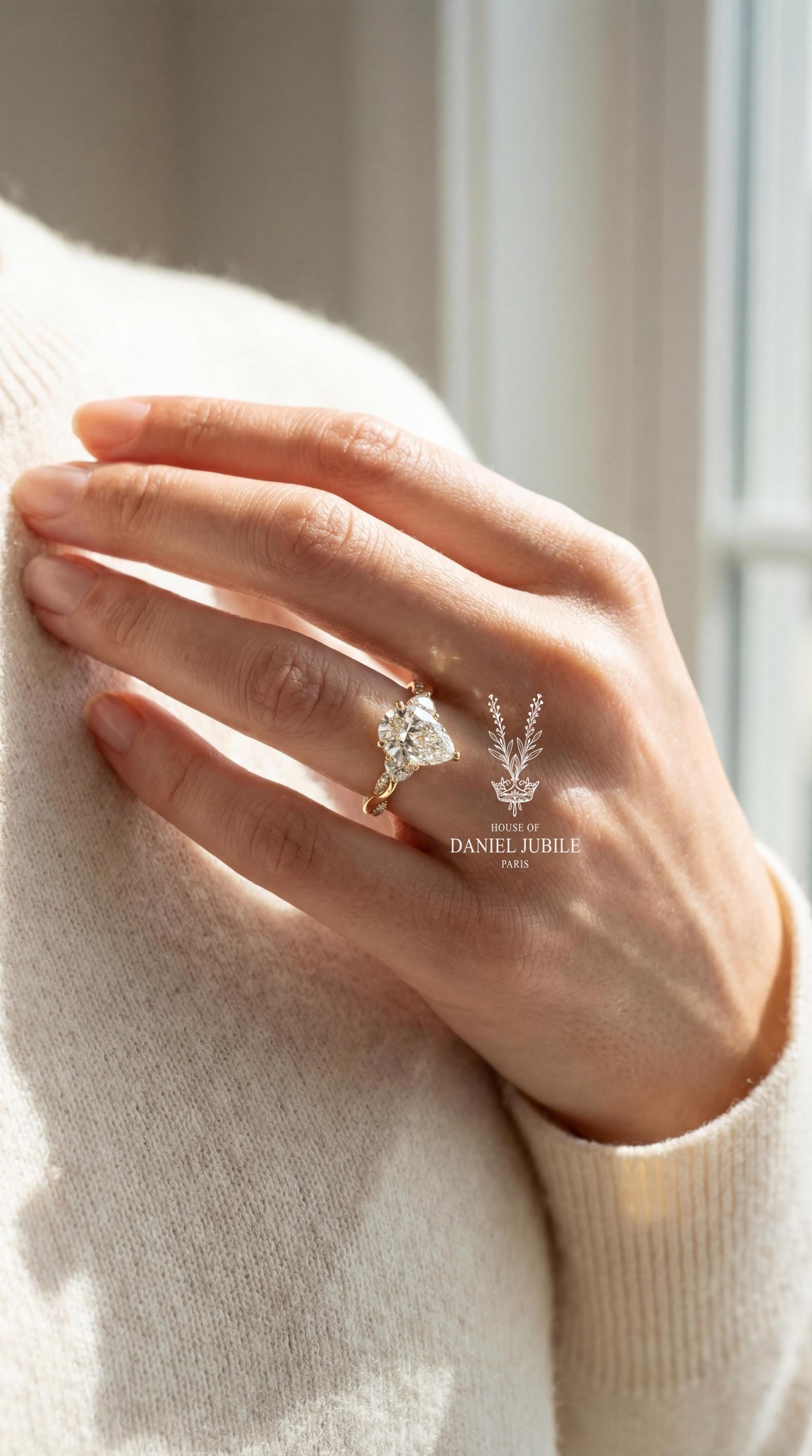 3ct Pear Cut Lab Diamond Engagement Ring, 14k Gold Bypass Solitaire