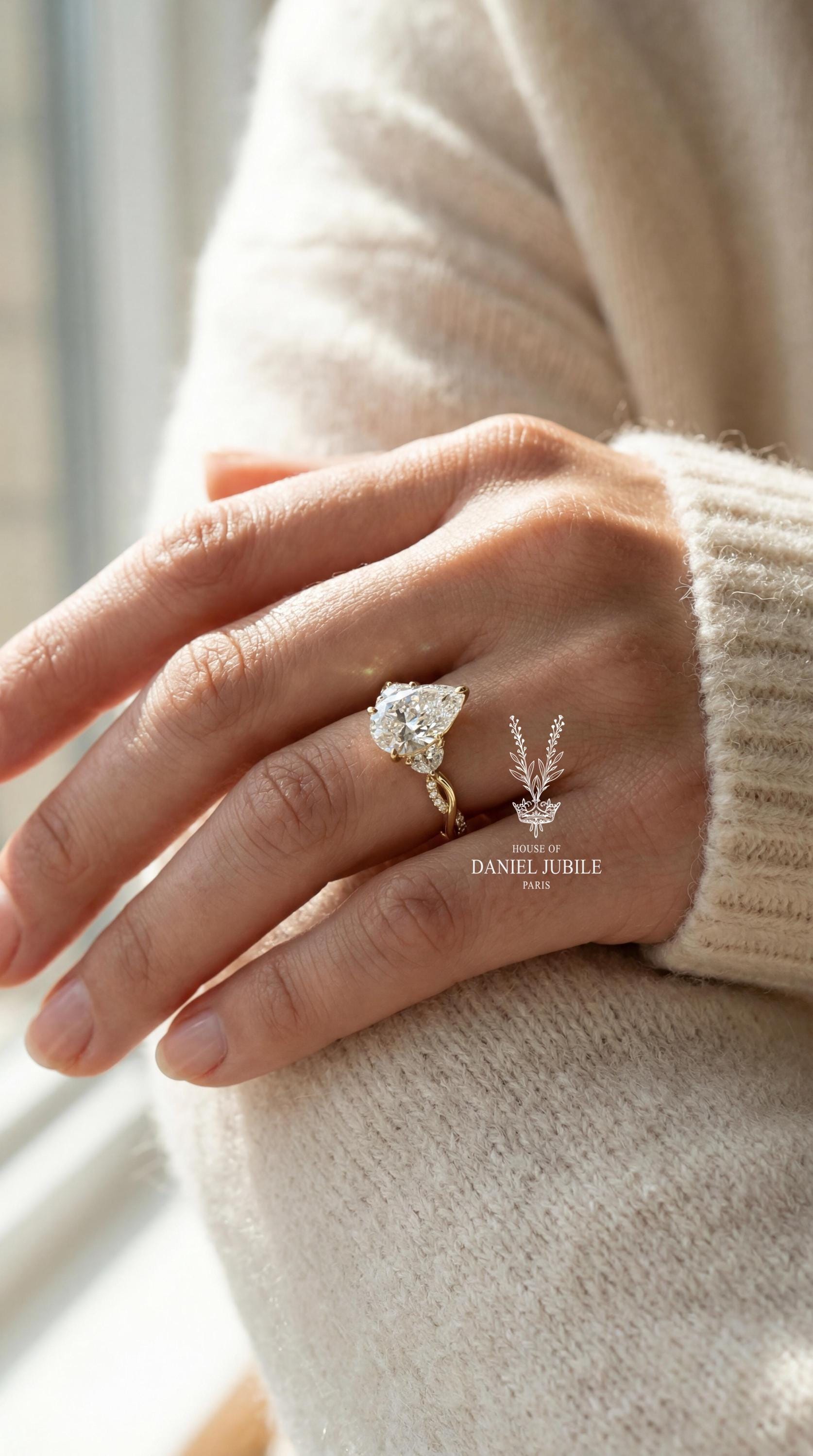 3ct Pear Cut Lab Diamond Engagement Ring, 14k Gold Bypass Solitaire