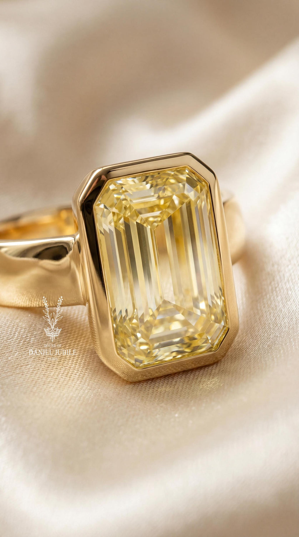 5ct Yellow Diamond Engagement Ring Emerald Cut Bezel Set Solitaire 14k Gold Cigar Band Chunky Wide Thick Statement Art Deco Modern