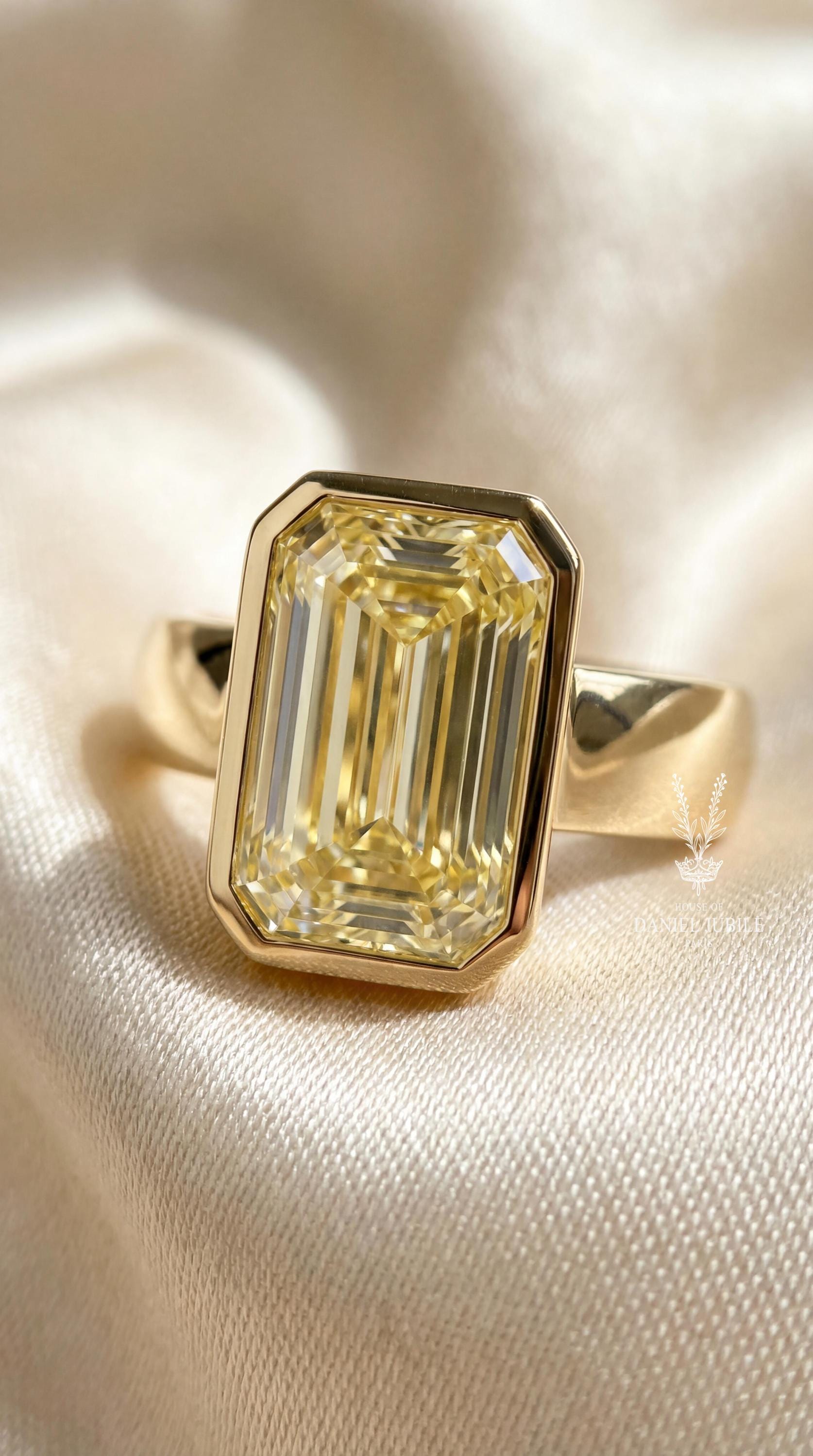 5ct Yellow Diamond Engagement Ring Emerald Cut Bezel Set Solitaire 14k Gold Cigar Band Chunky Wide Thick Statement Art Deco Modern