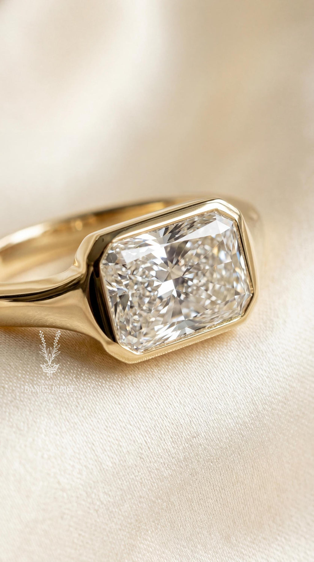2ct Radiant Cut Lab Engagement Diamond Ring, 14k Gold Bezel Set Art Deco