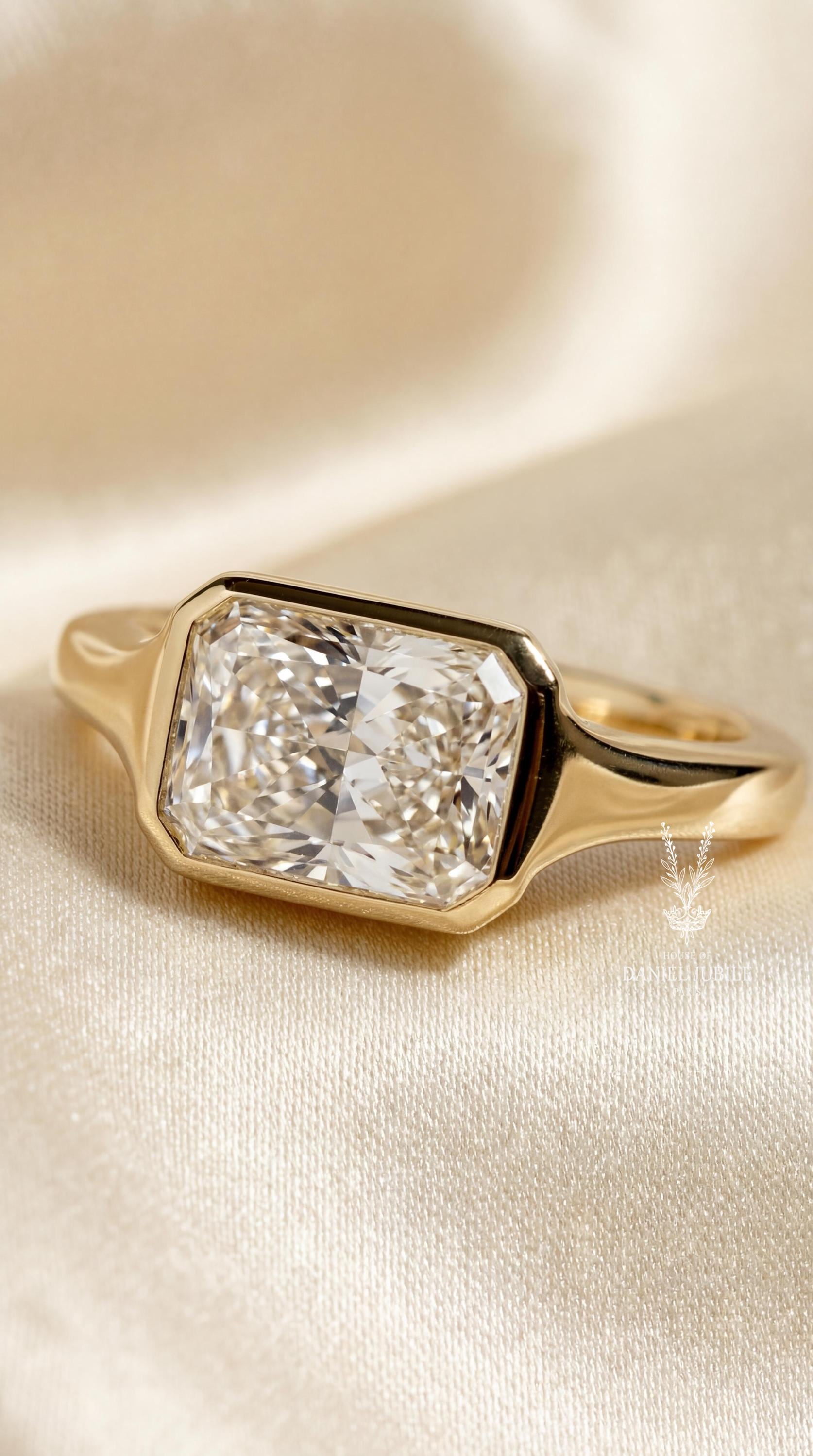 2ct Radiant Cut Lab Engagement Diamond Ring, 14k Gold Bezel Set Art Deco