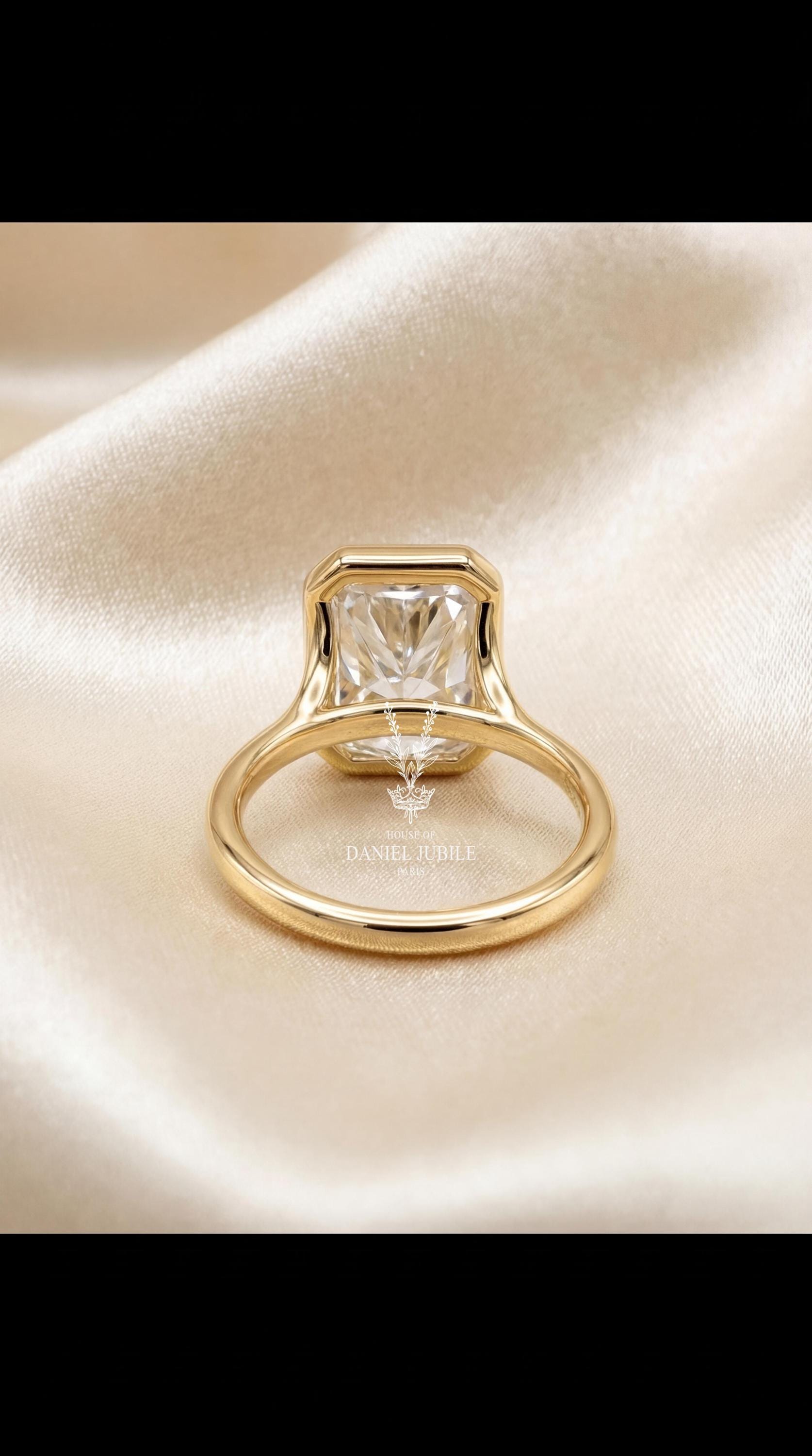 3 Carat Radiant Cut Lab Engagement Diamond Ring, 14k Gold Bezel Set