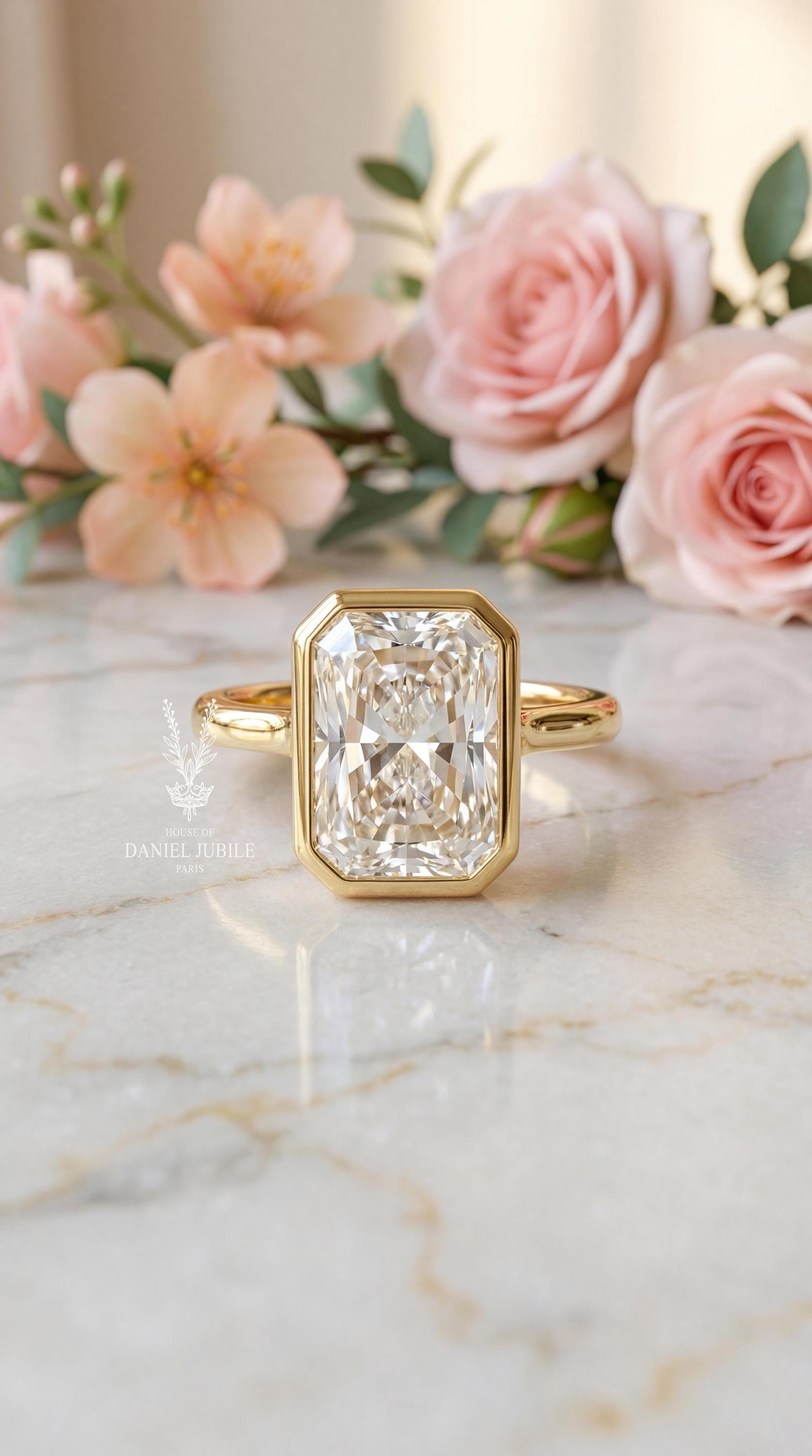 3 Carat Radiant Cut Lab Engagement Diamond Ring, 14k Gold Bezel Set