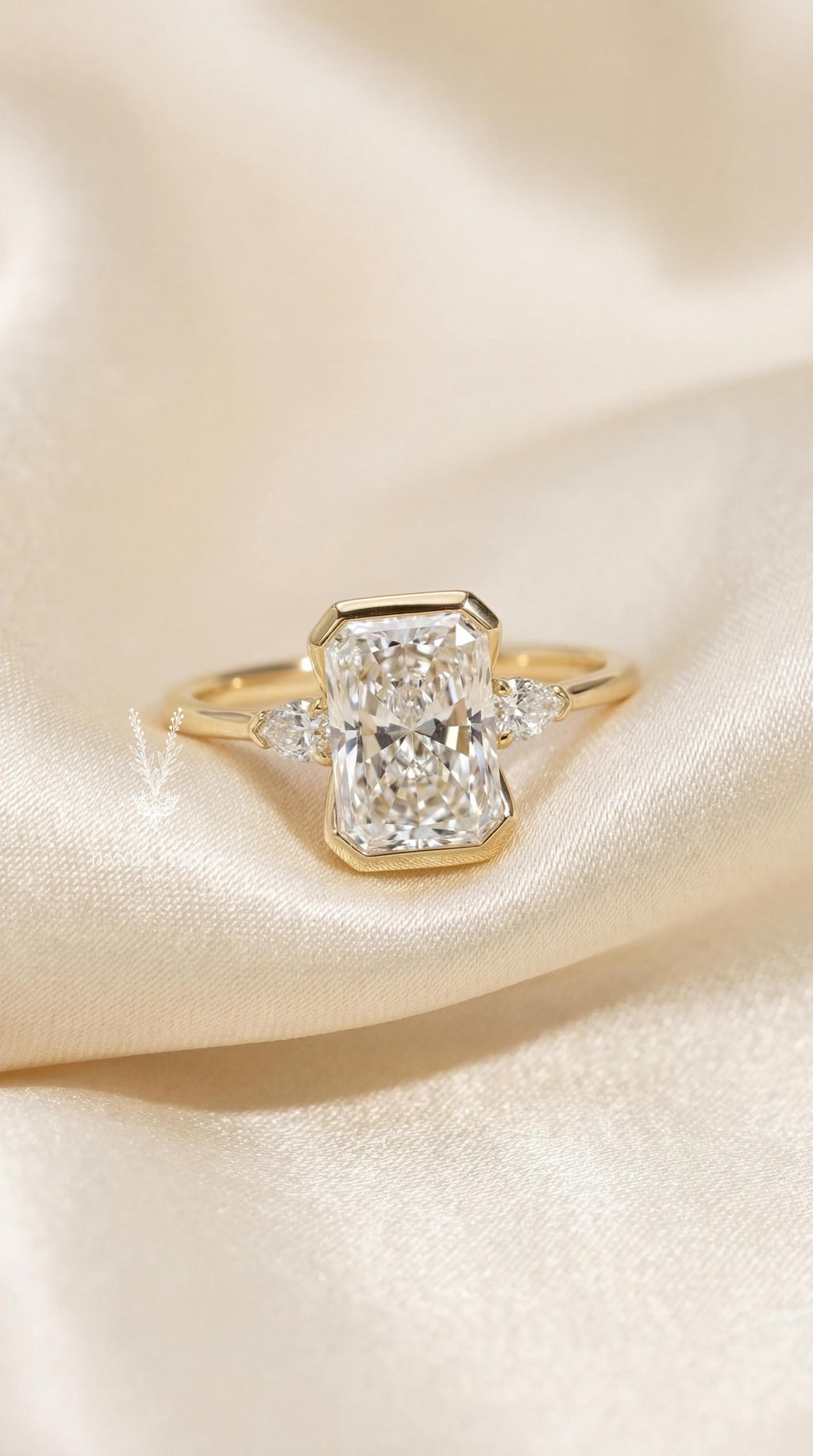 3Carat Radiant Cut Lab Grown Diamond Engagement Ring, 14k Gold Bezel Set Trilogy Ring